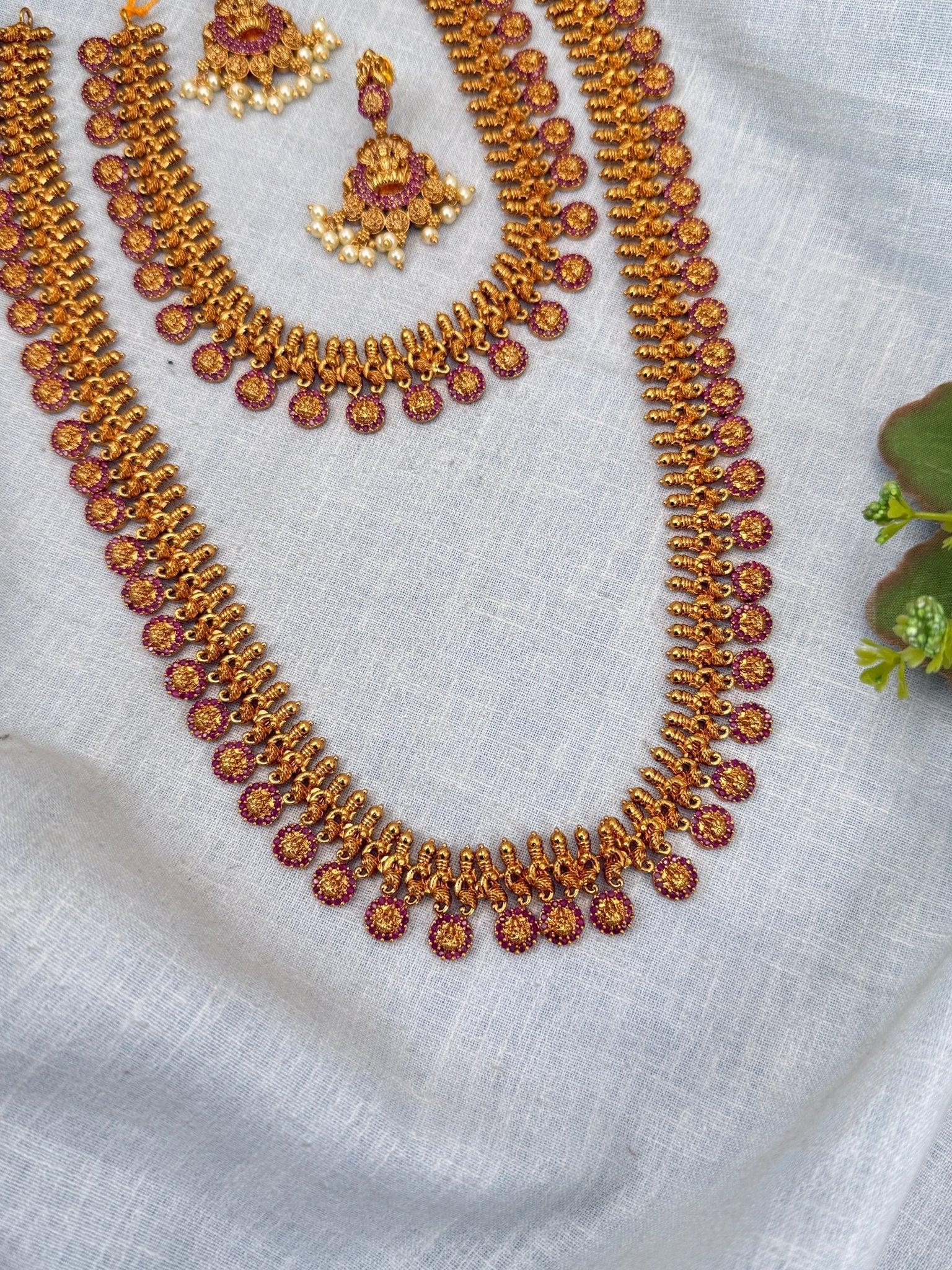 Royal Antique Ruby Stone Kaasu Full Necklace Set 0270 - Mahilas