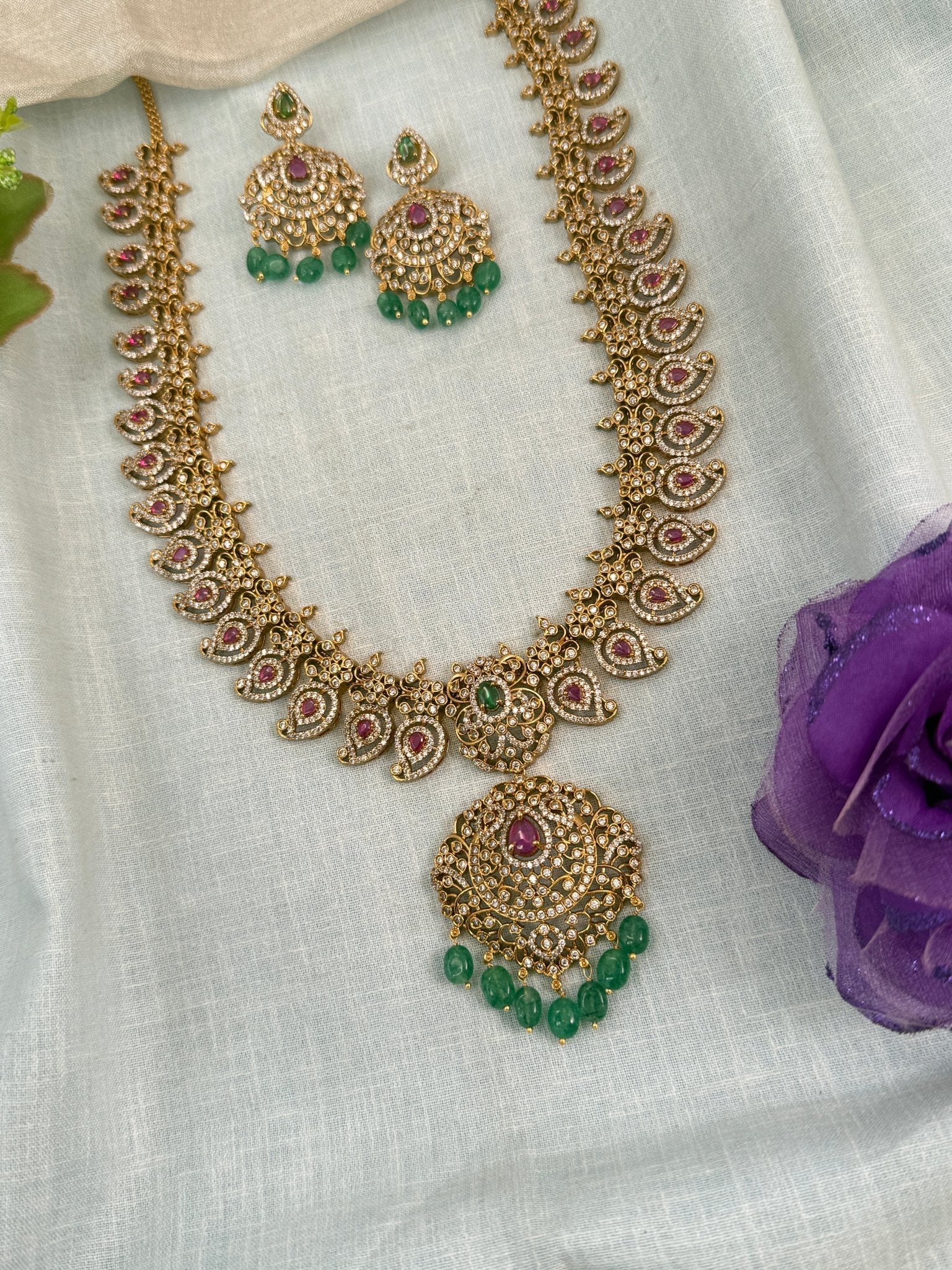 Royal Antique Stone Mango Pendant Long Necklace Set 0822 - Mahilas