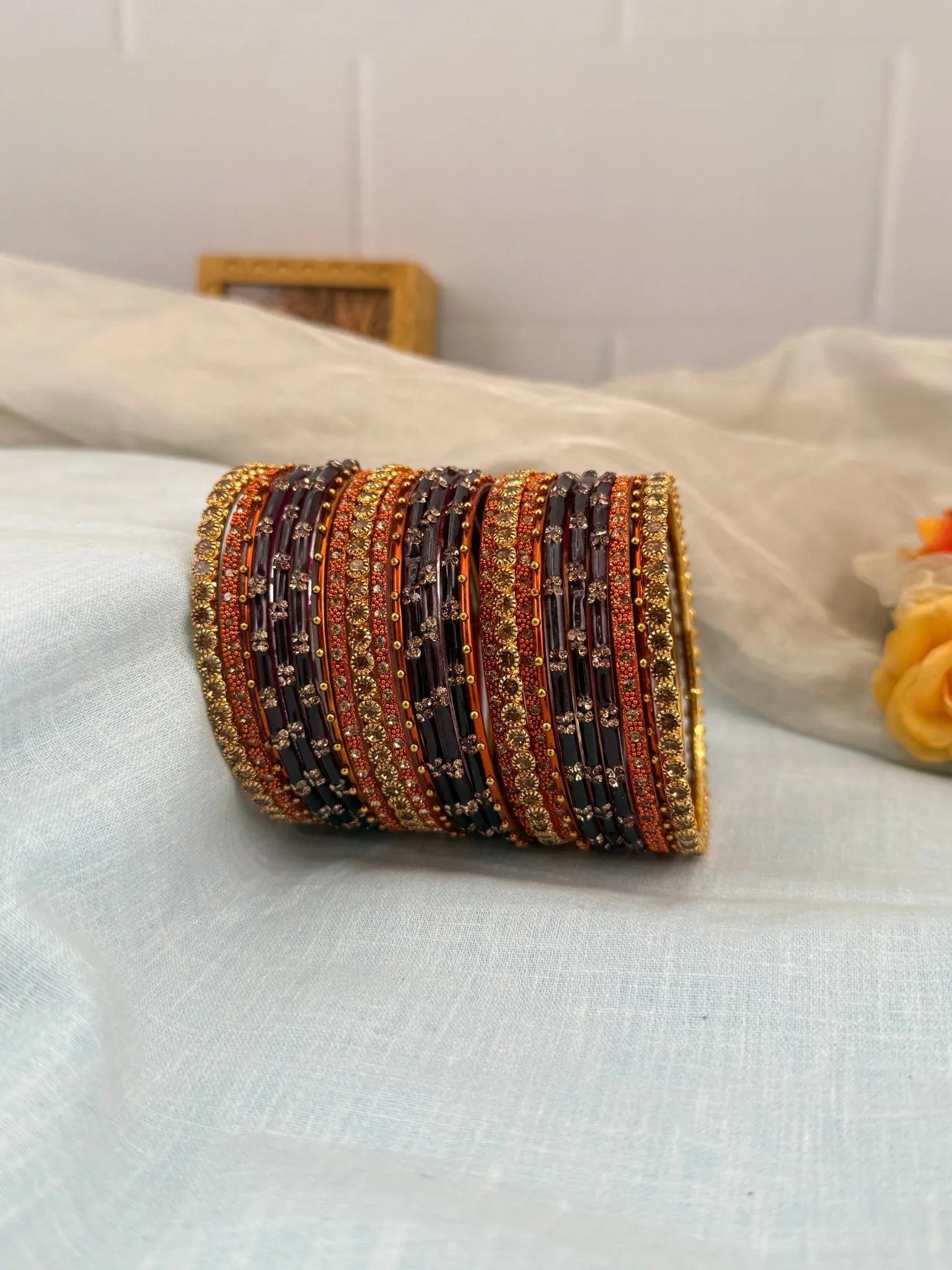 Royal Dark Wine & Rust Orange Glass & Stone Bangle Set 5205 - Mahilas