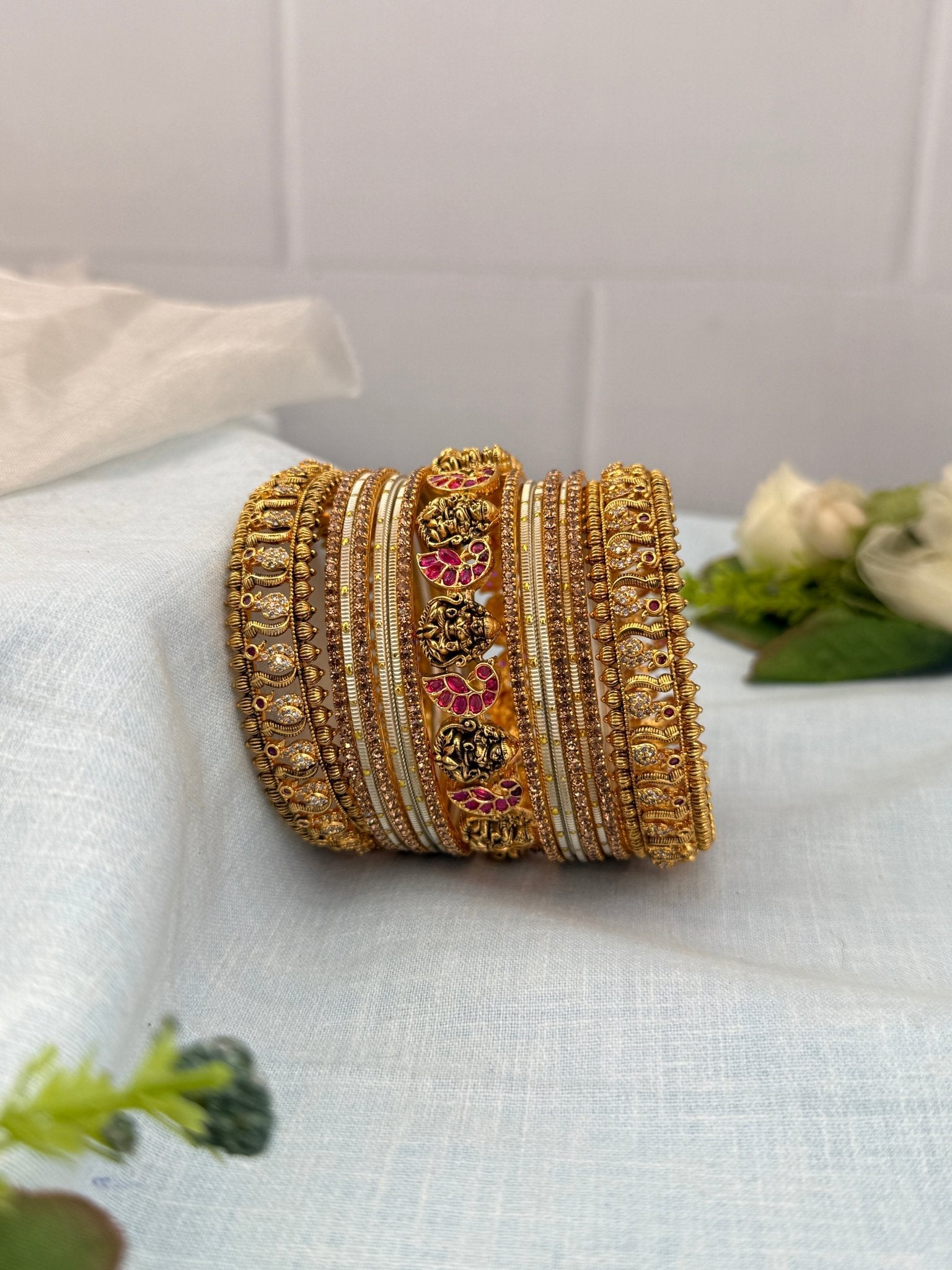 Royal Gold Peacock and Lakshmi Antique Bangle Set - 5219 - Mahilas