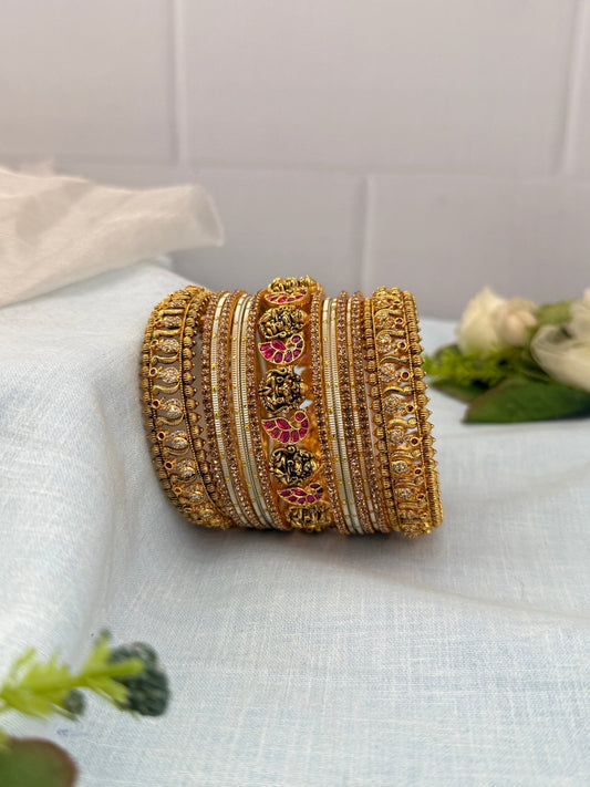 Royal Gold Peacock and Lakshmi Antique Bangle Set - 5219 - Mahilas