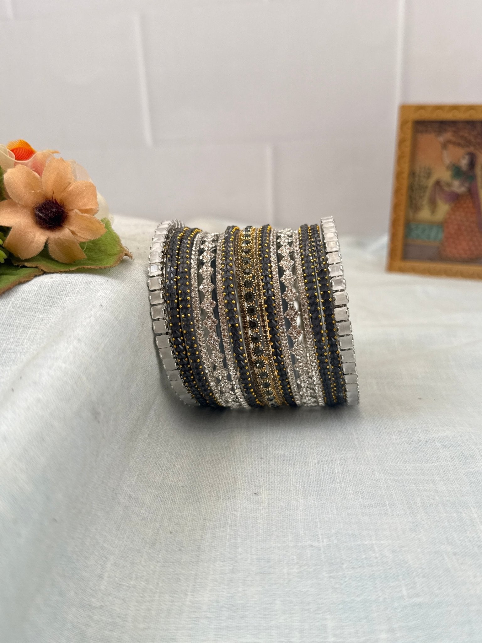 Royal Gray & Silver Glass and Stone Bangle Set 5284 - Mahilas