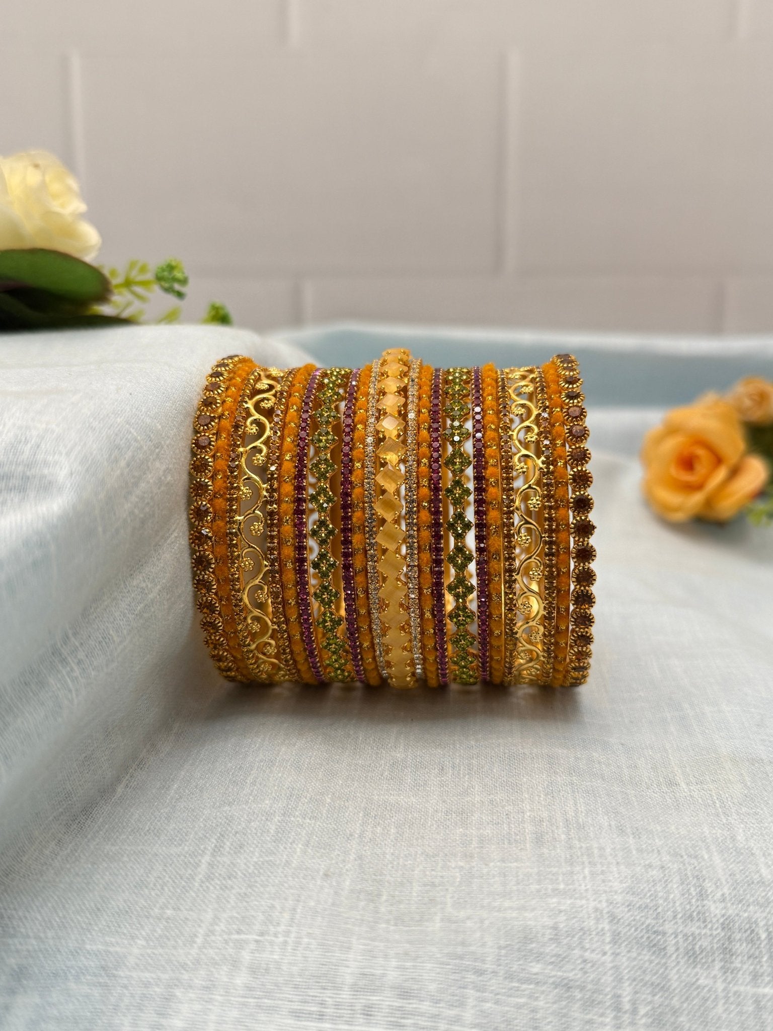 Royal Haldi & Rani Pink Stone Bangle Set - 5172 - Mahilas