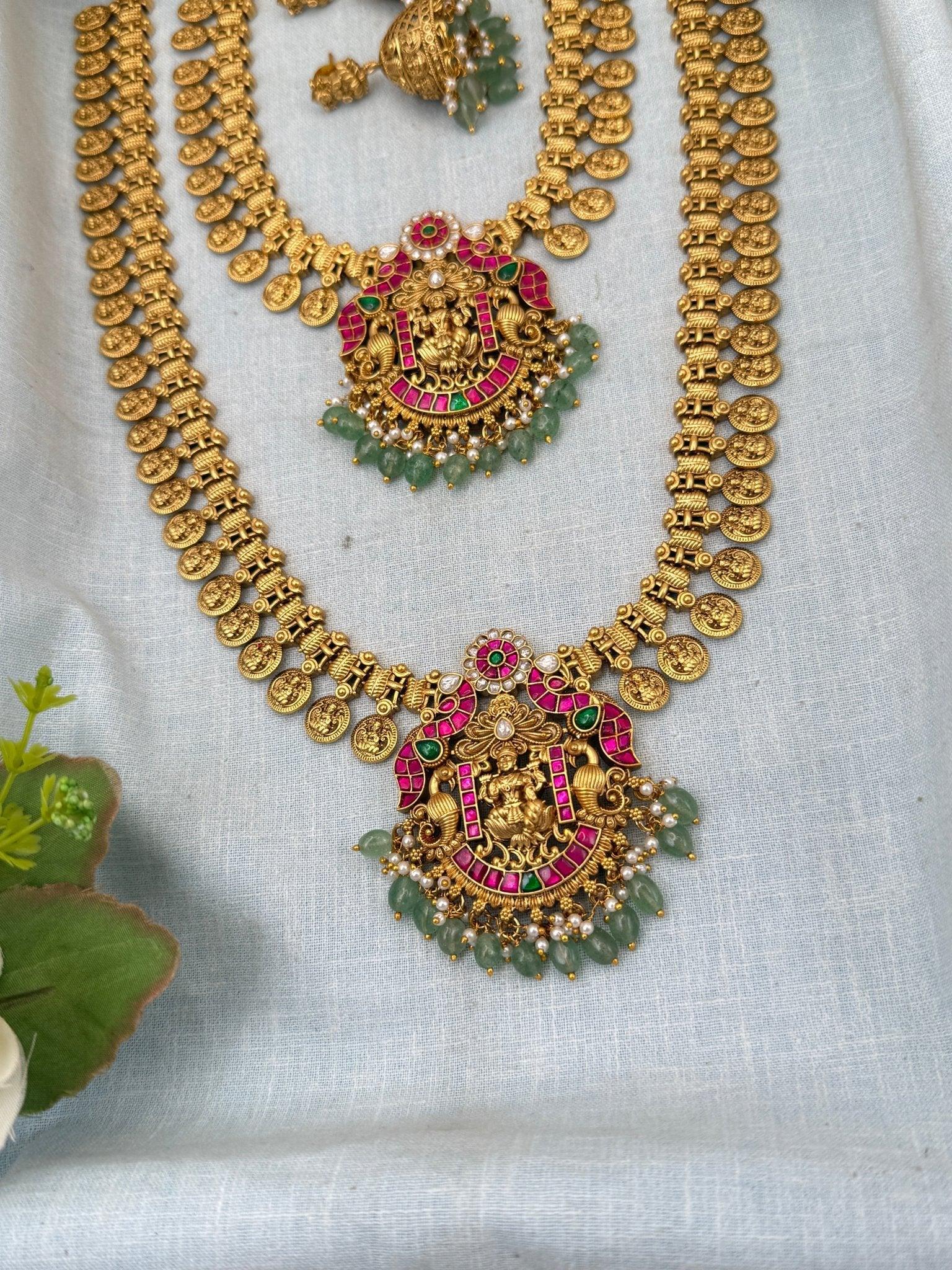 Royal Jadau Antique Kaasu Semi Bridal Necklace Set 0179 - Mahilas