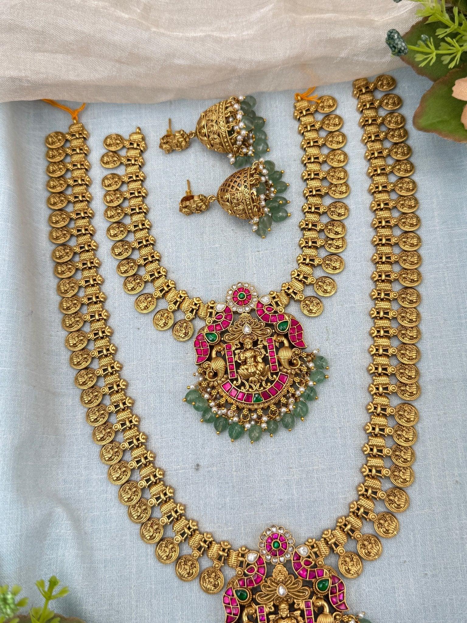Royal Jadau Antique Kaasu Semi Bridal Necklace Set 0179 - Mahilas