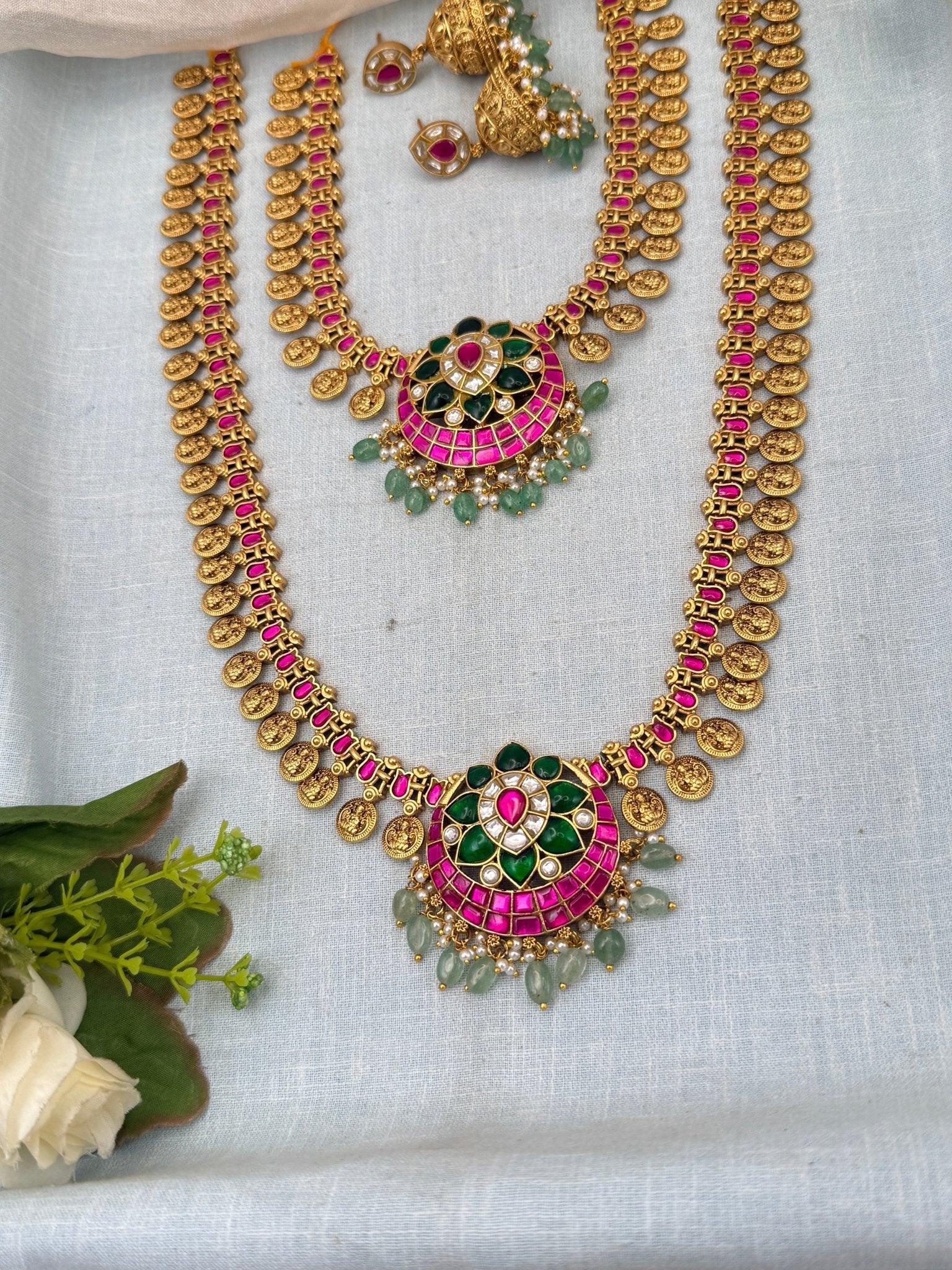 Royal Jadau Kundan Kaasu Pendant Bridal Necklace Set 583 - Mahilas