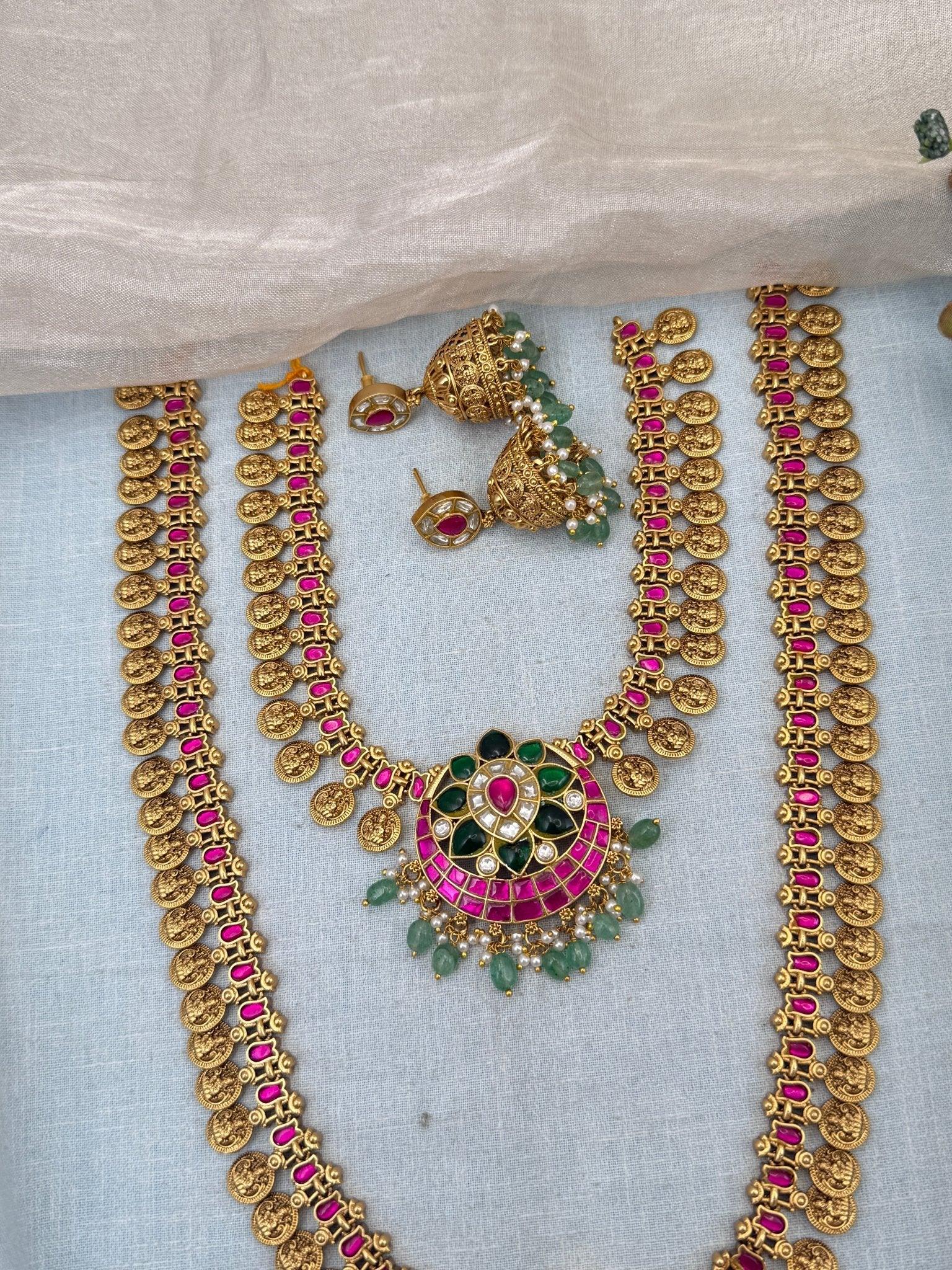 Royal Jadau Kundan Kaasu Pendant Bridal Necklace Set 583 - Mahilas