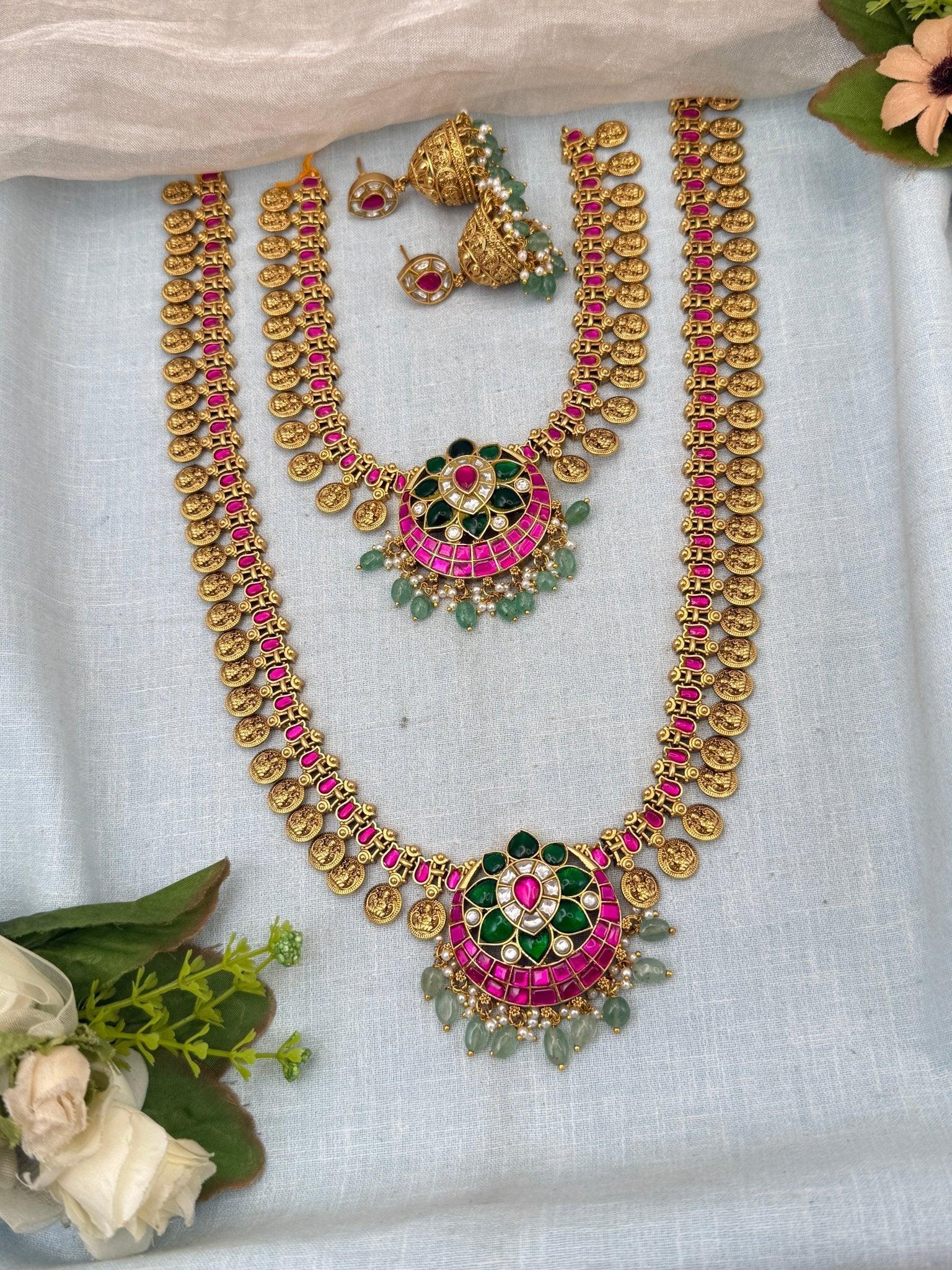 Royal Jadau Kundan Kaasu Pendant Bridal Necklace Set 583 - Mahilas