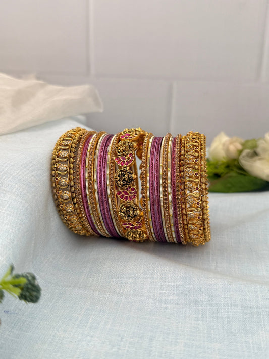 Royal Lavender Pink & Gold Lakshmi Bangle Set - 5218 - Mahilas