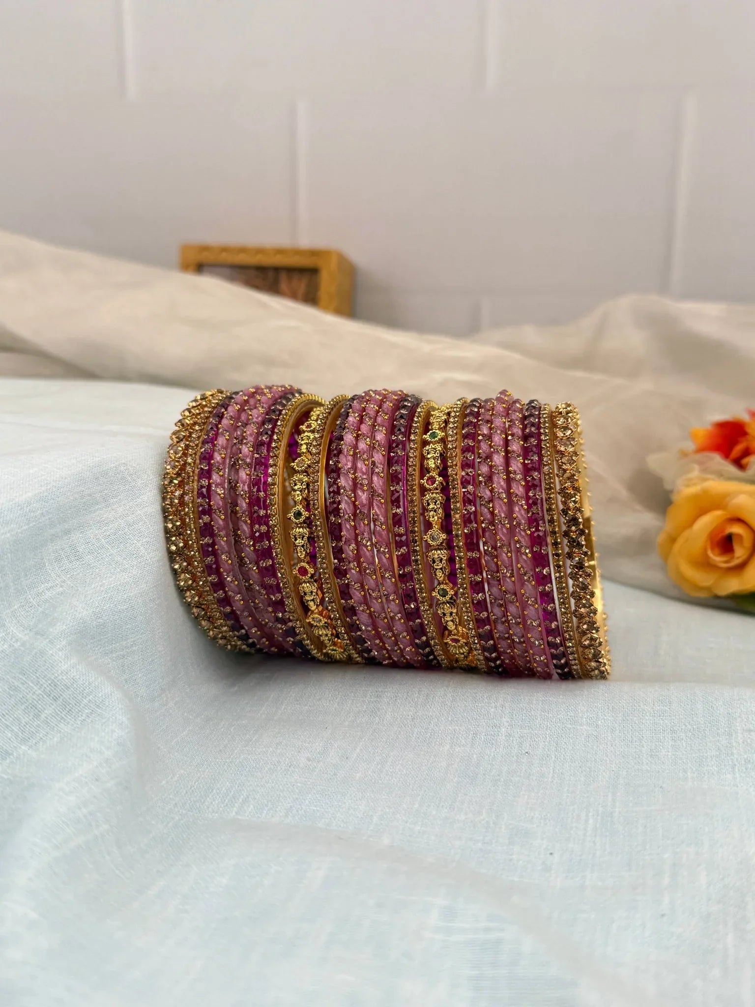 Royal Onion Pink & Majenta Glass and Stone Bangle Set 5203 - Mahilas