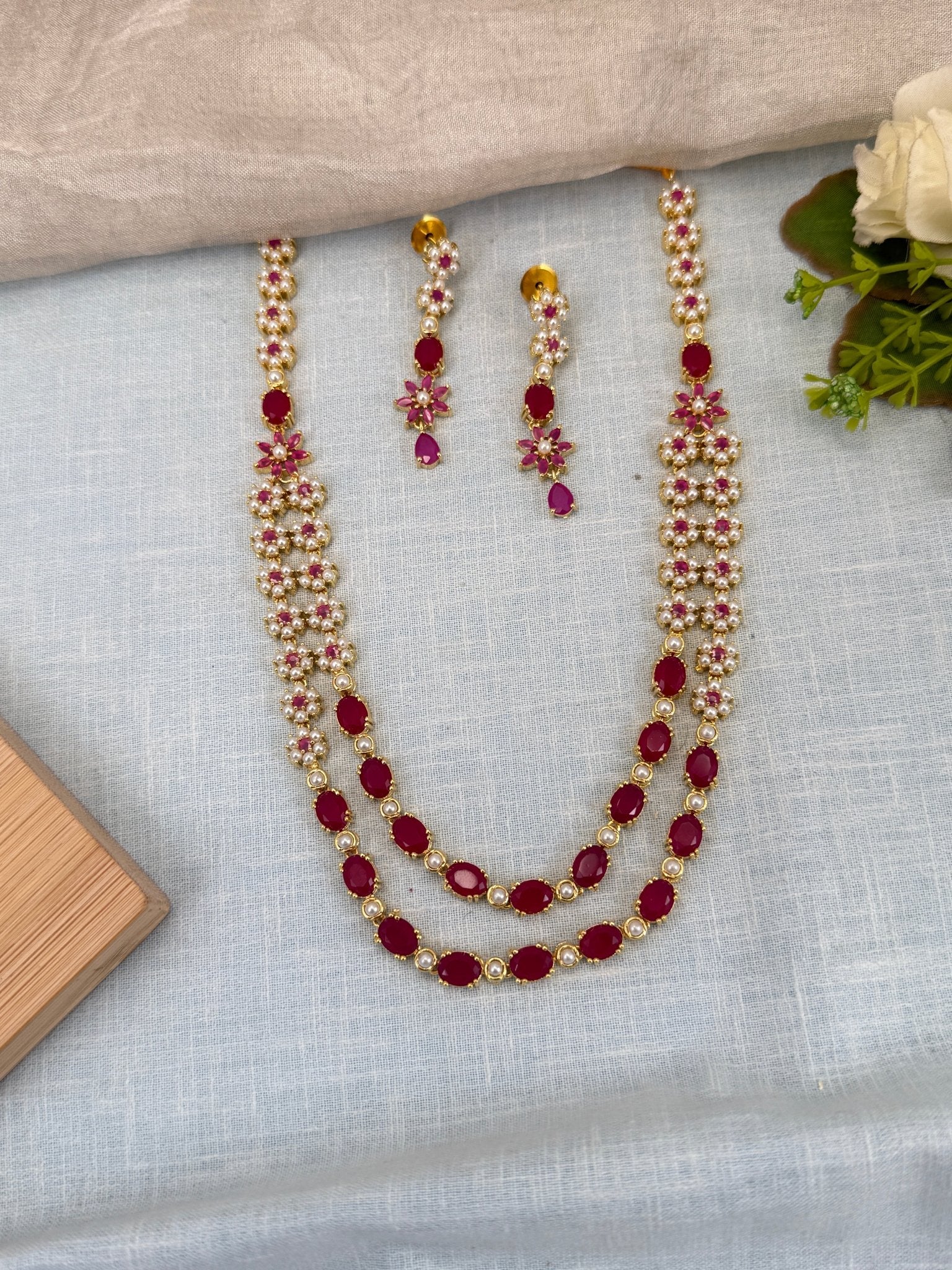 Royal Pearl Stone Layer Mid Long Necklace Set 578 - Mahilas