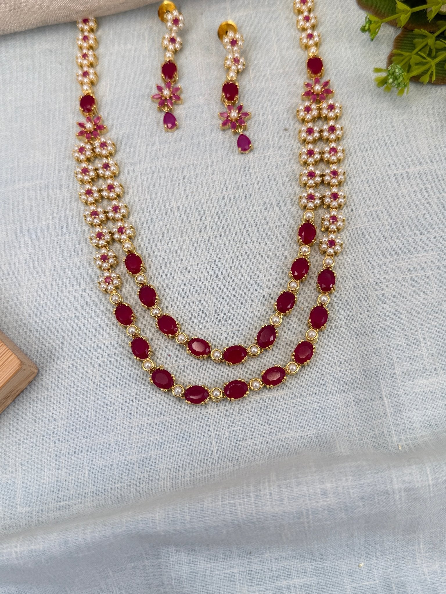Royal Pearl Stone Layer Mid Long Necklace Set 578 - Mahilas