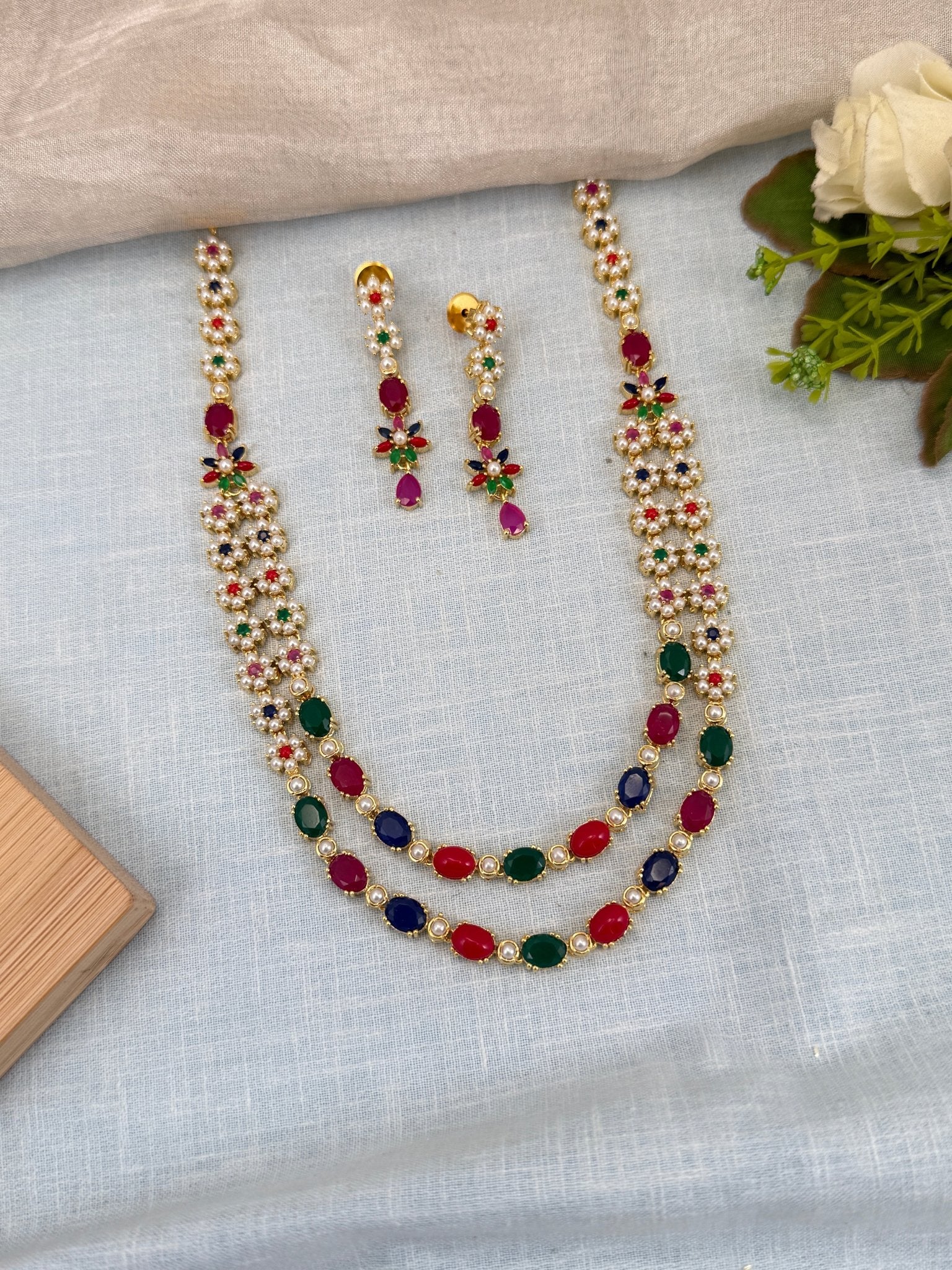 Royal Pearl Stone Layer Mid Long Necklace Set 579 - Mahilas