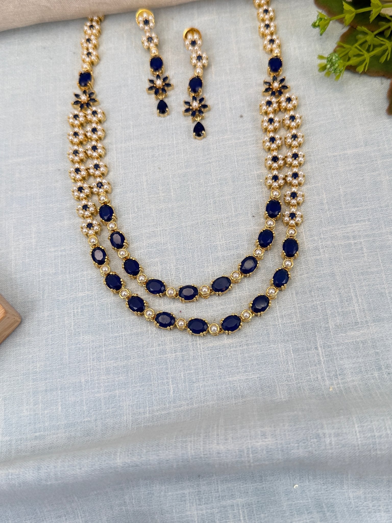 Royal Pearl Stone Layer Mid Long Necklace Set 580 - Mahilas
