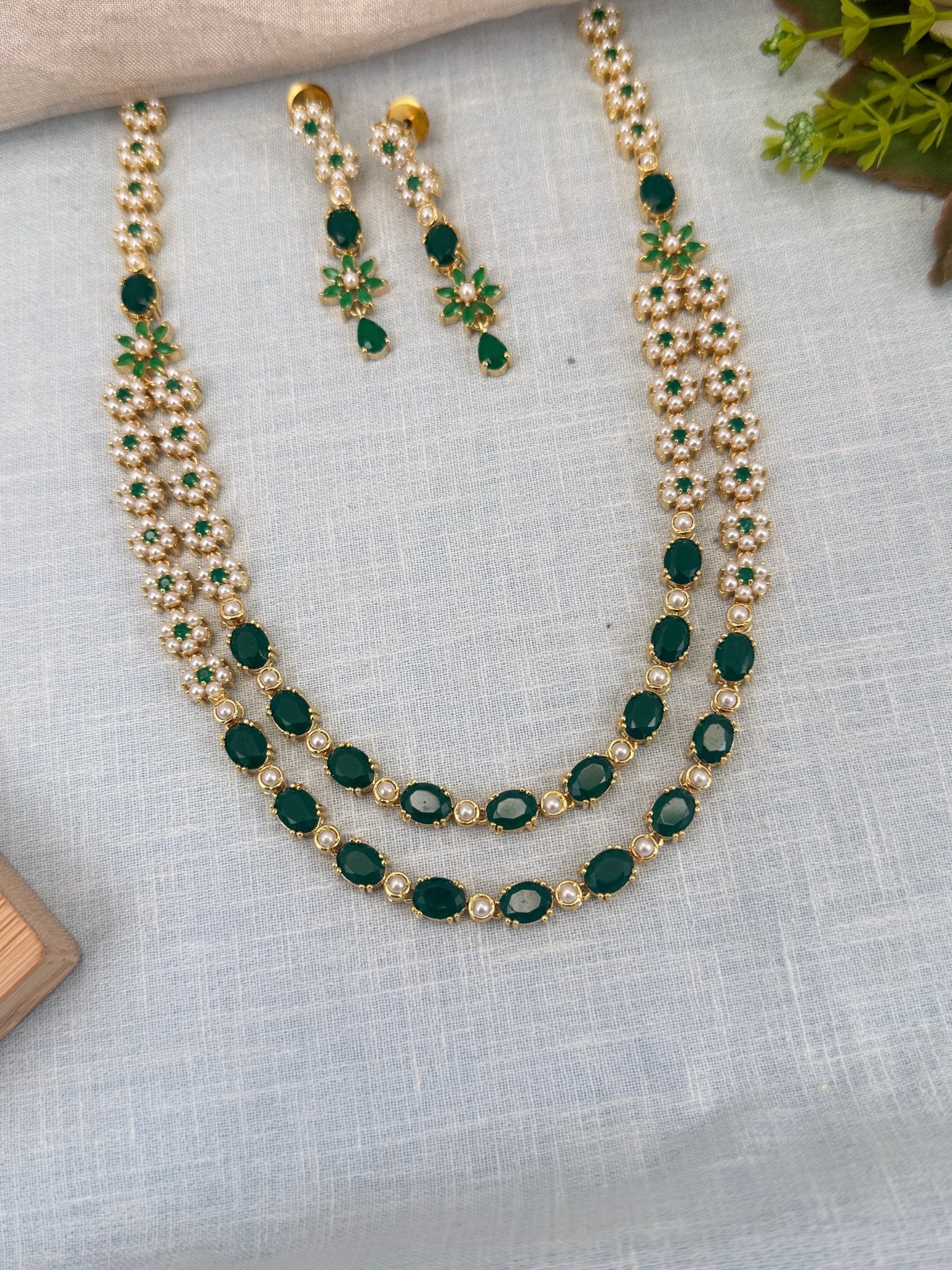Royal Pearl Stone Layer Mid Long Necklace Set 582 - Mahilas