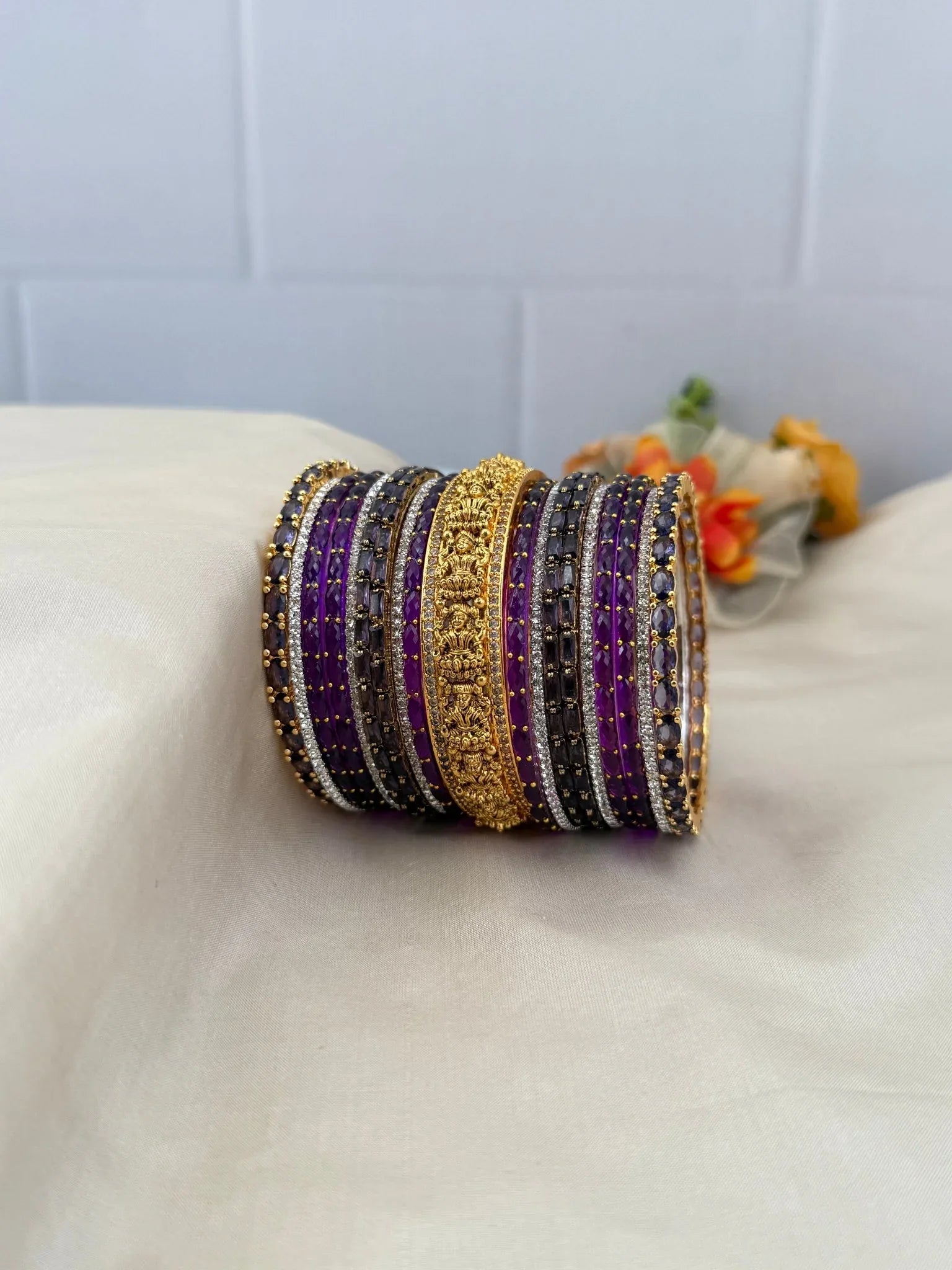 Royal Purple & Gold Glass and Antique Bangle Set - 5213 - Mahilas