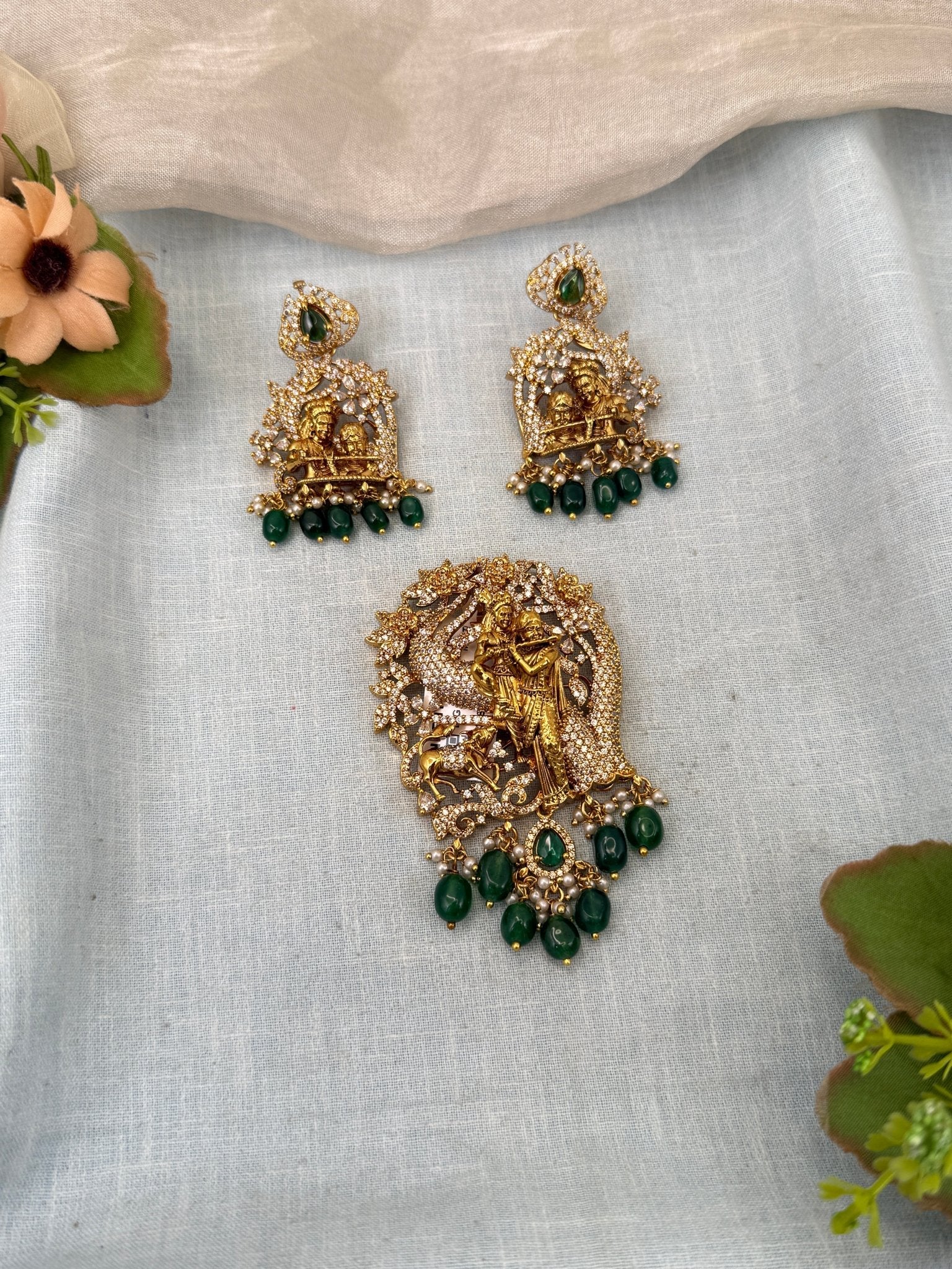 Royal Radha Krishna Antique Pendant Set 244 - Mahilas
