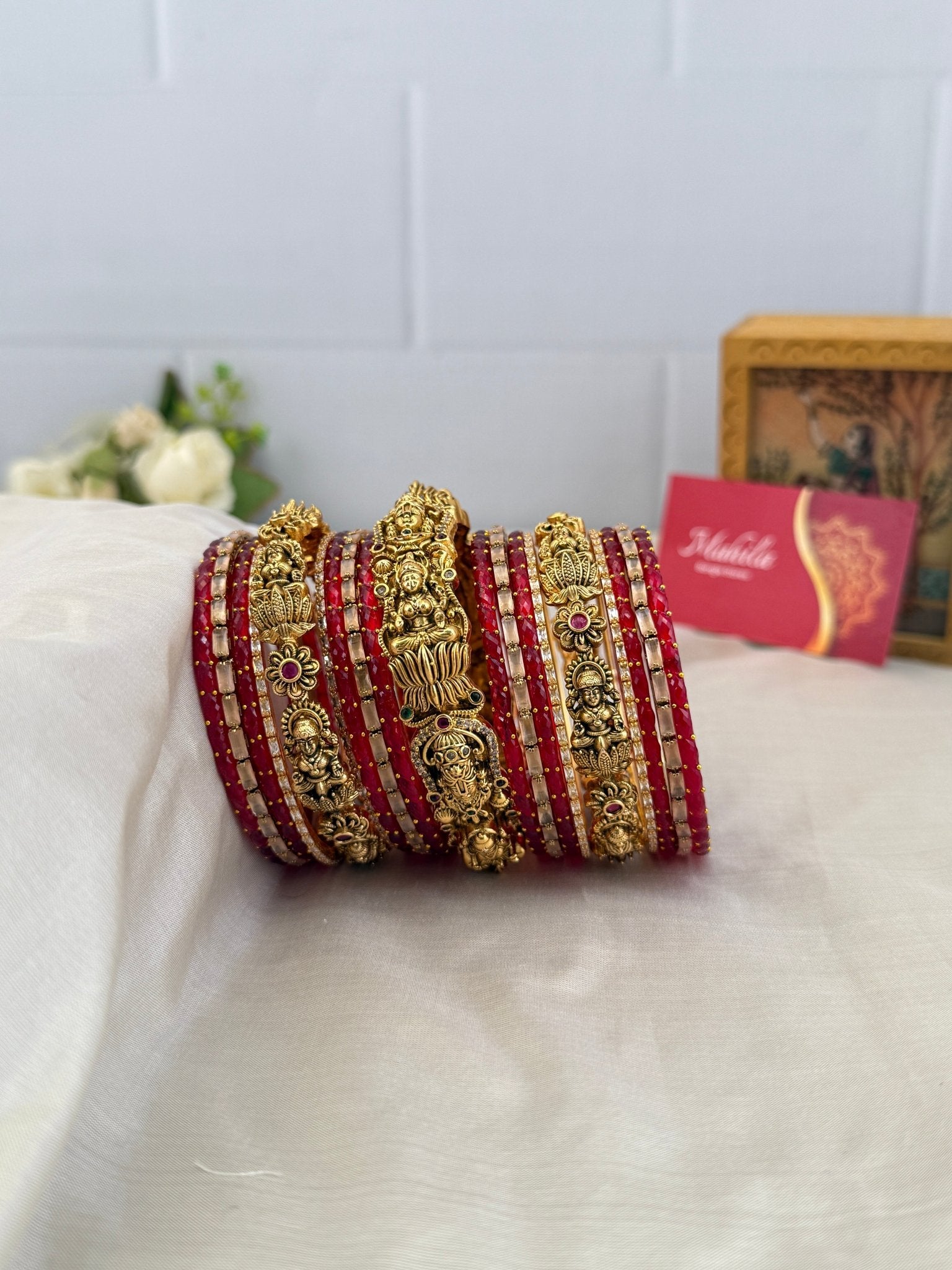 Royal Red Glass & Antique Bangle Set - 5186 - Mahilas
