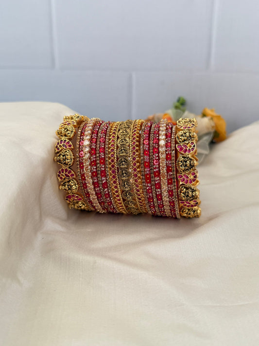 Royal Red & Gold Bridal Glass and Antique Bangle Set - 5214 - Mahilas