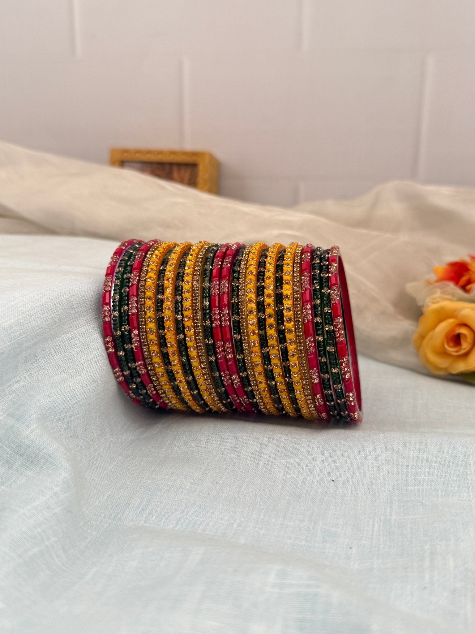 Royal Strawberry Green & Yellow Glass Bangle Set 5206 - Mahilas