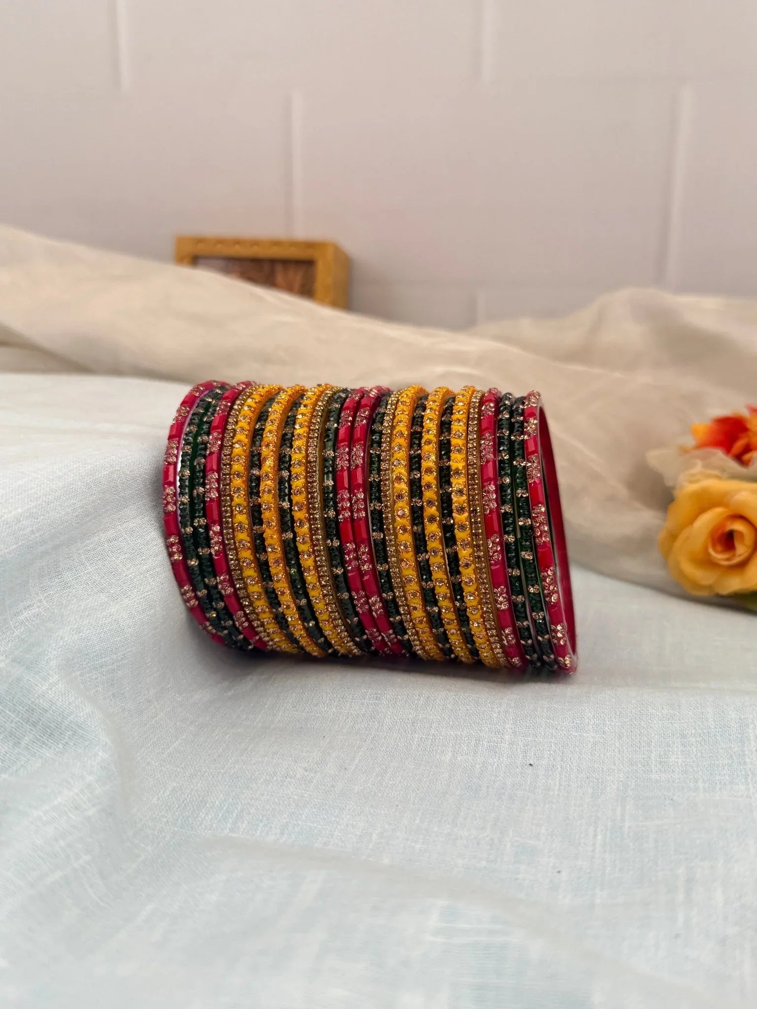 Royal Strawberry Green & Yellow Glass Bangle Set 5206 - Mahilas