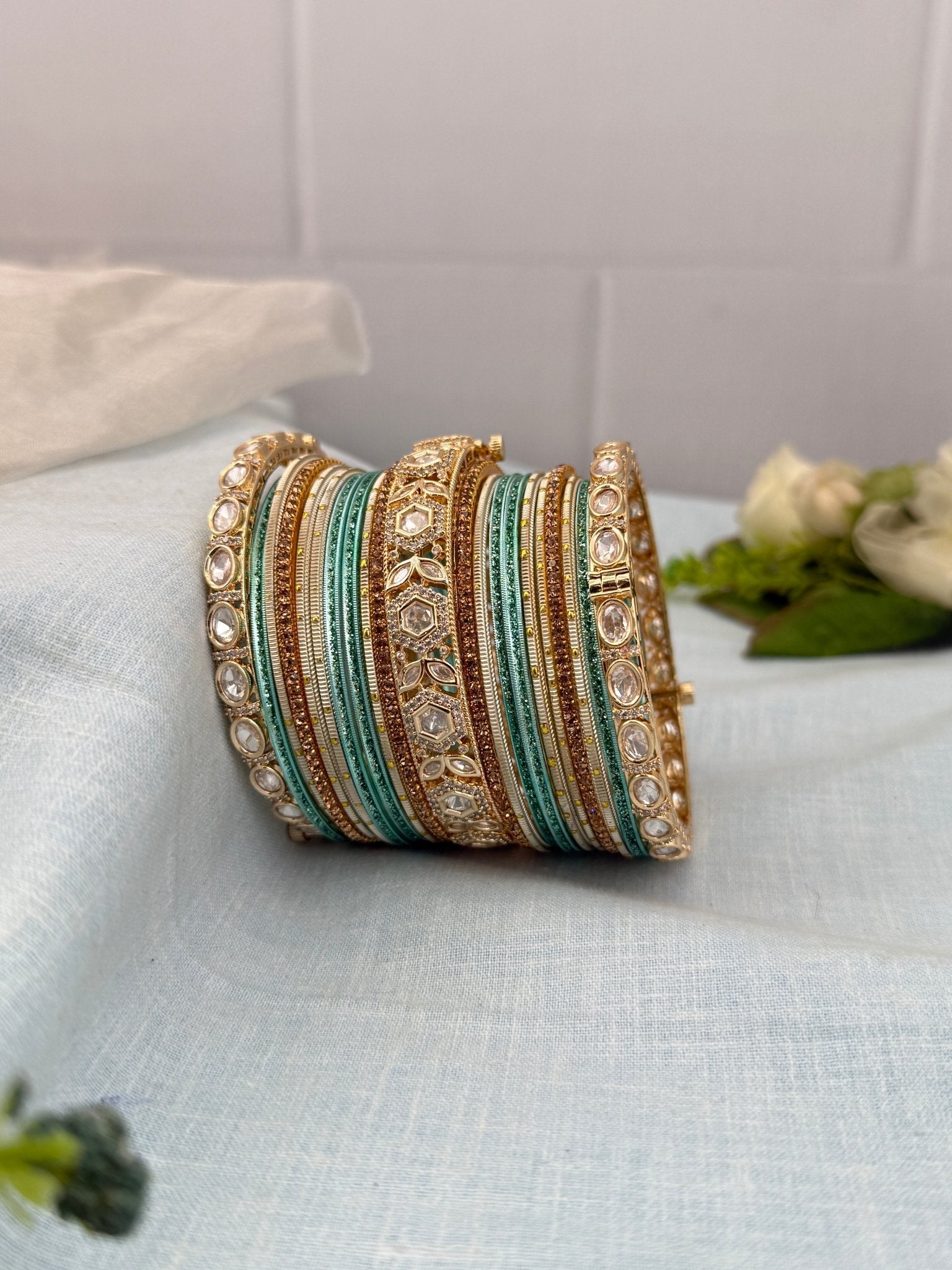 Royal Surf Blue & Gold Kundan Bangle Set - 5218 - Mahilas