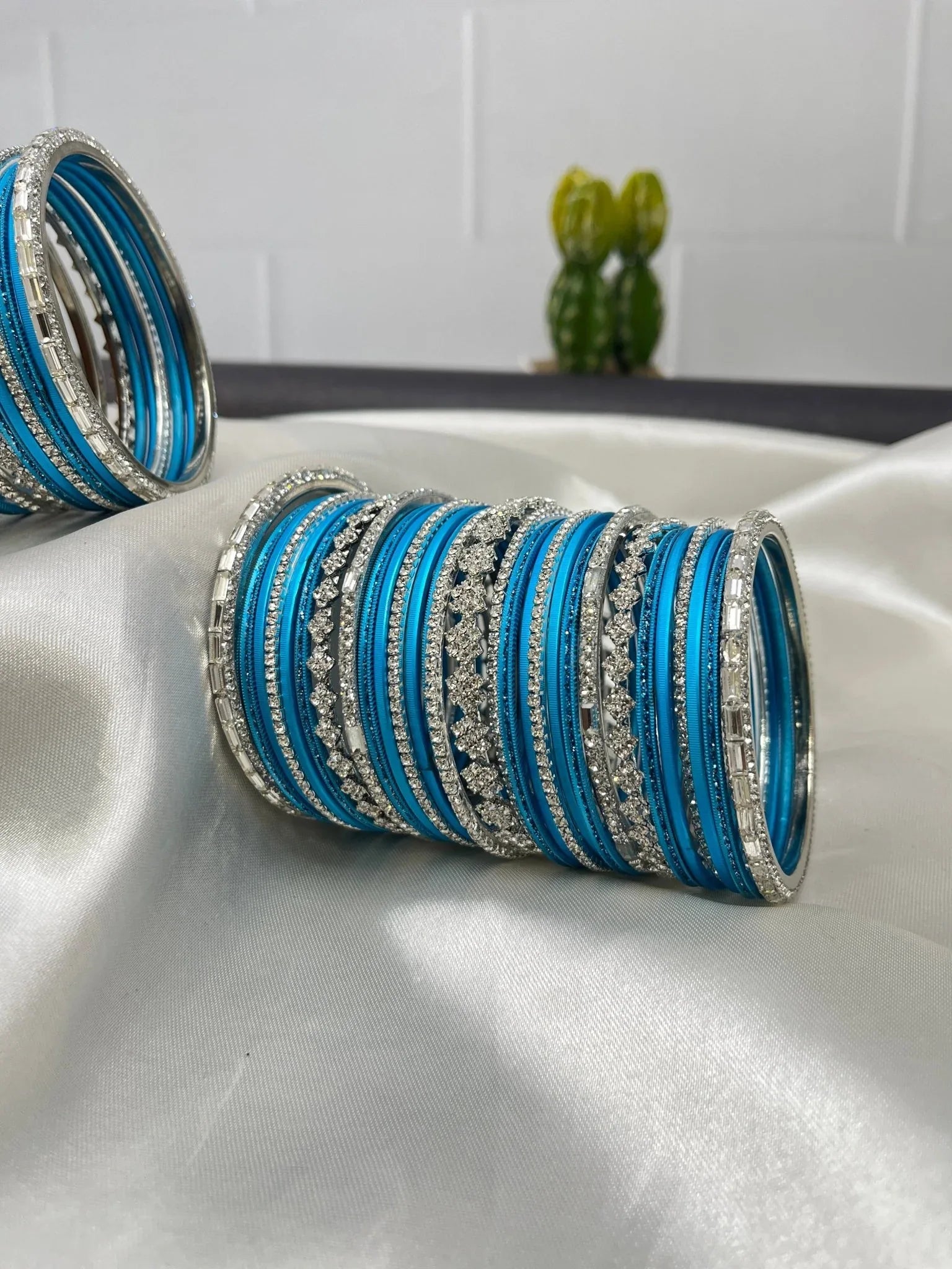 Surf Blue and Silver Designer Stone Bangle Set 5045 - Mahilas
