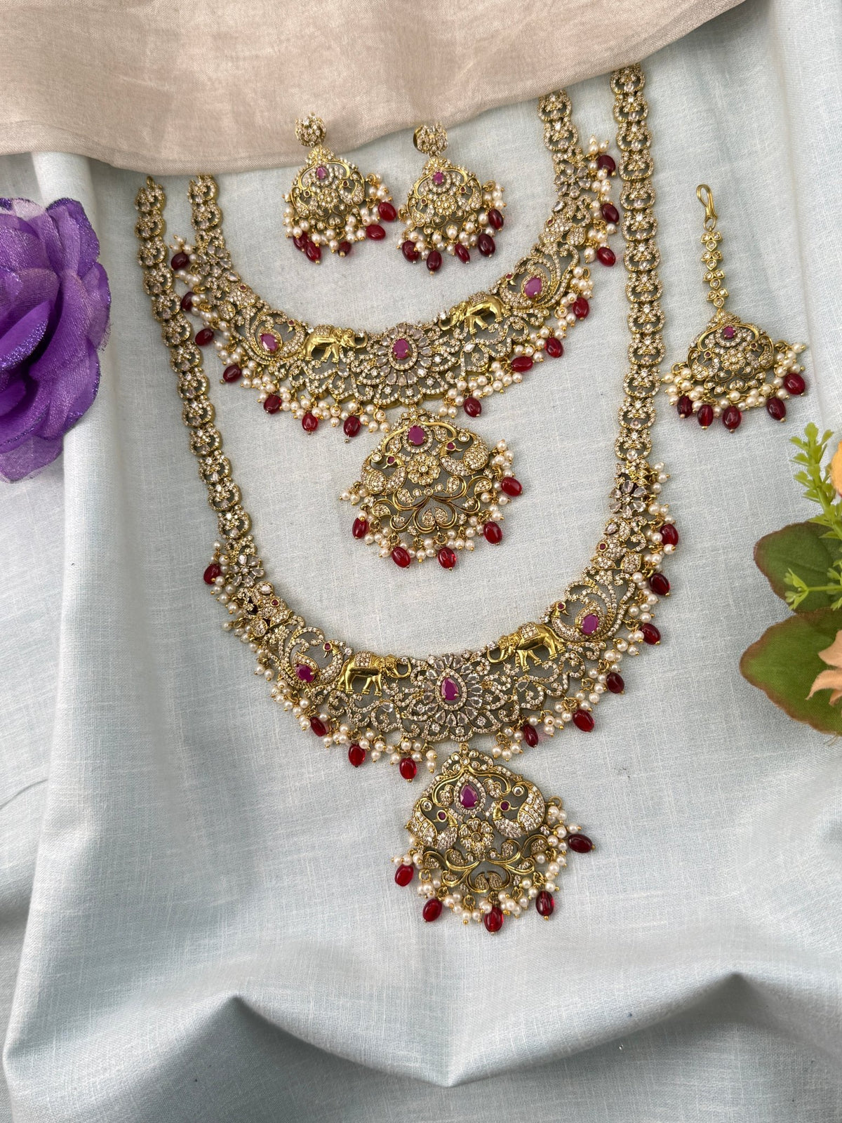 Victorian Stone Semi Bridal Necklace Set | Combo | 014 - Mahilas