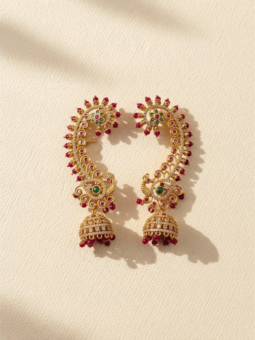 Antique Peacock Earrcuff & Jhumka Combo Earrings| E0773 A