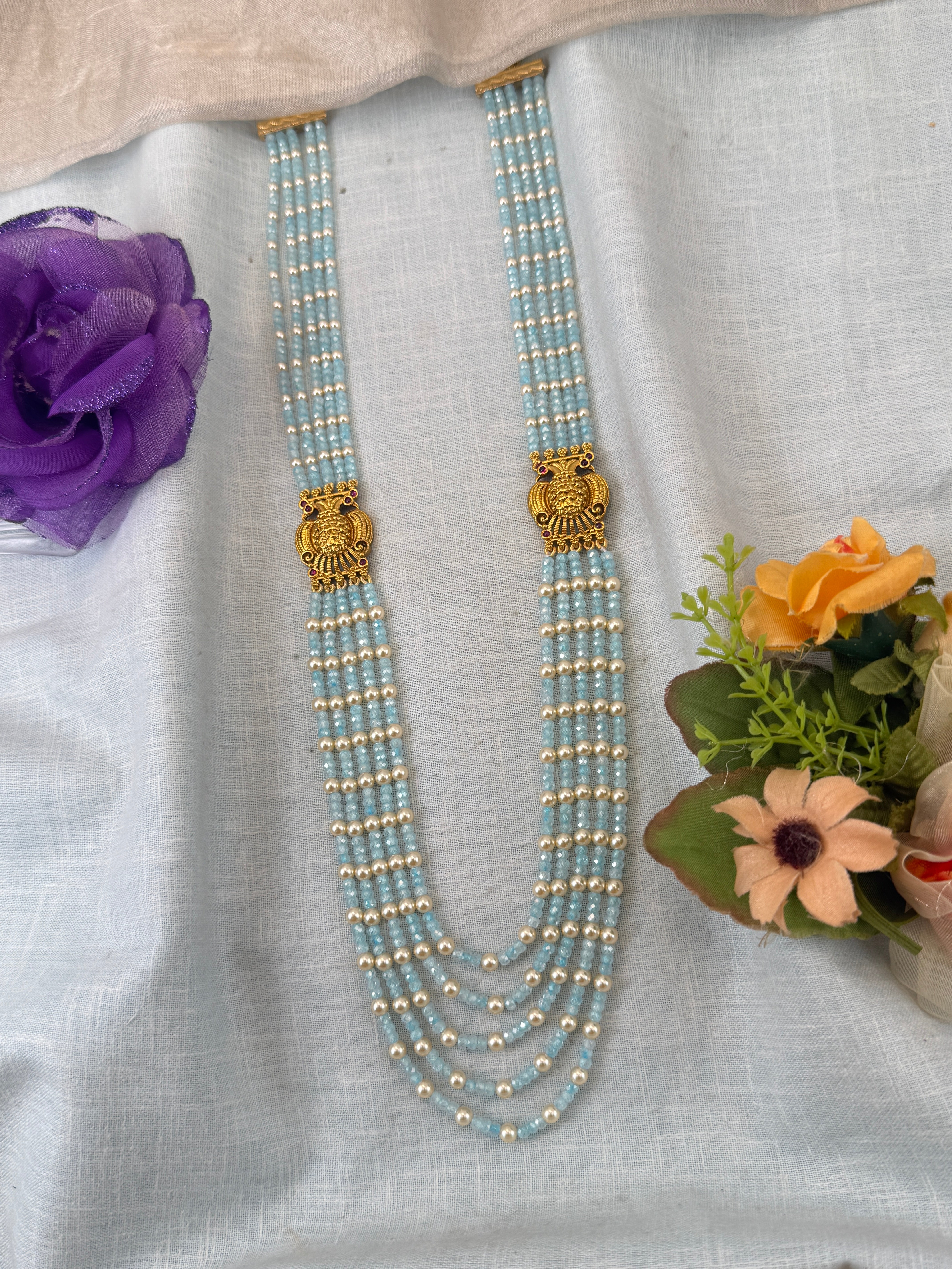Royal Antique Crystal Layer Gandaberunda Long Necklace Set 1150