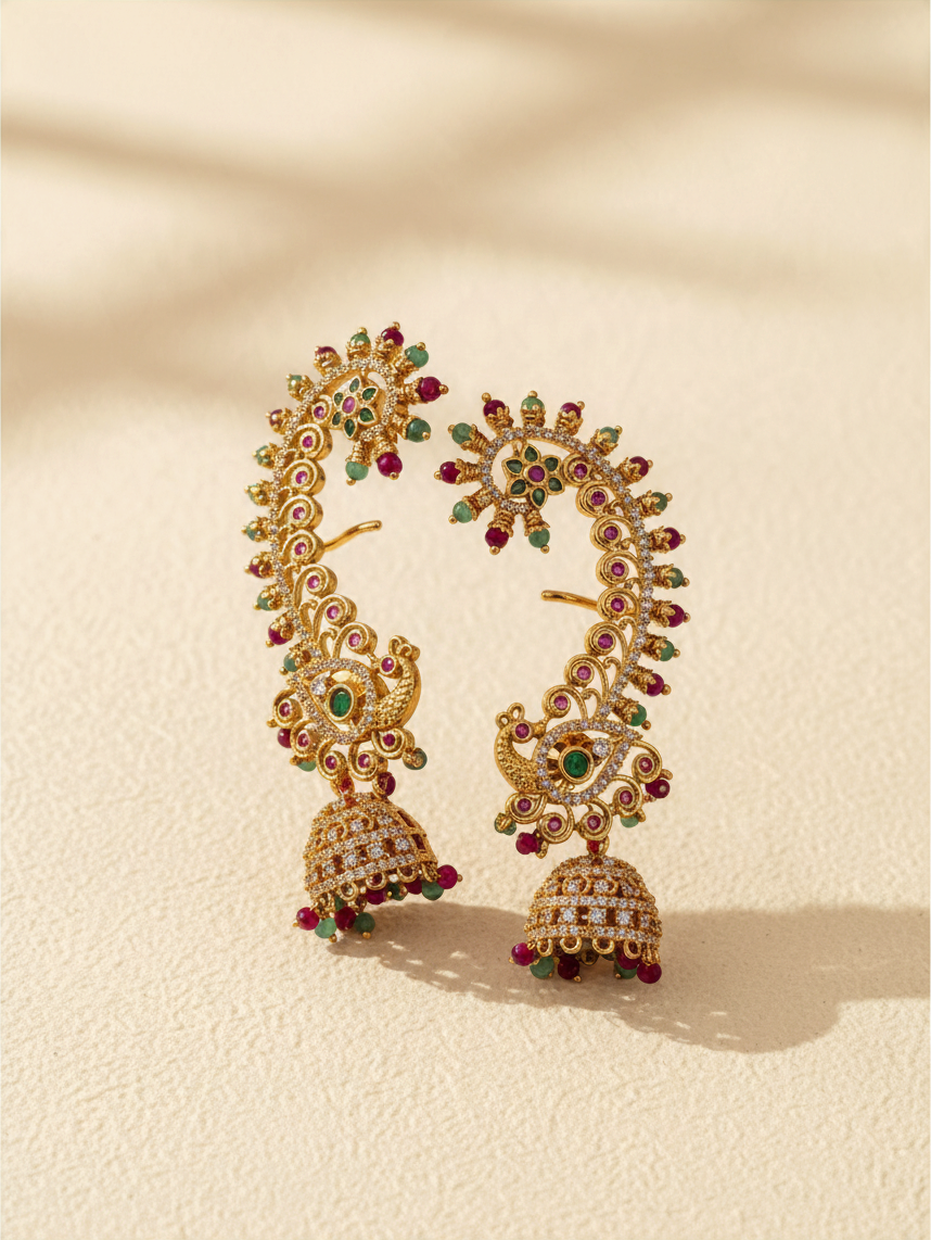 Antique Peacock Earrcuff & Jhumka Combo Earrings| E0773 B