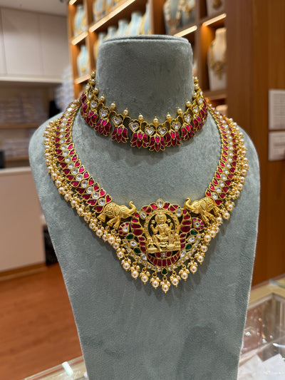 Jadau Kundan Lotus Gajalakshmi Full Necklace Set | NC003