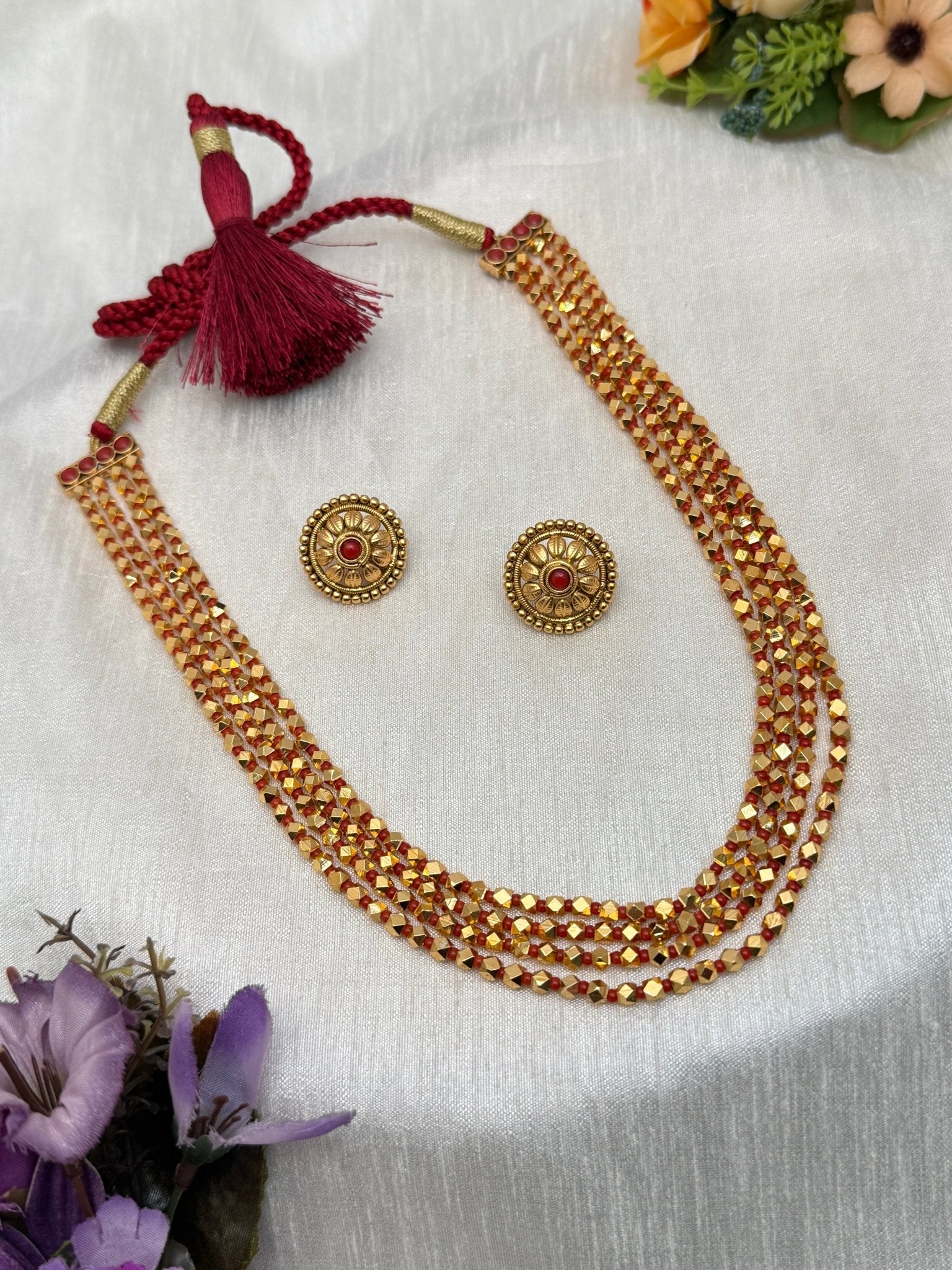 4 Layer Red Antique Necklace Set 549 - Mahilas