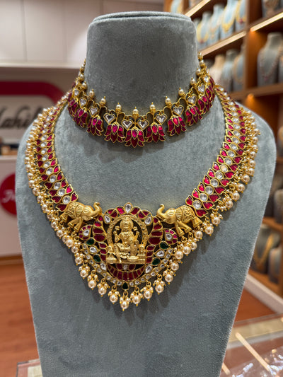 Jadau Kundan Lotus Gajalakshmi Full Necklace Set | NC003