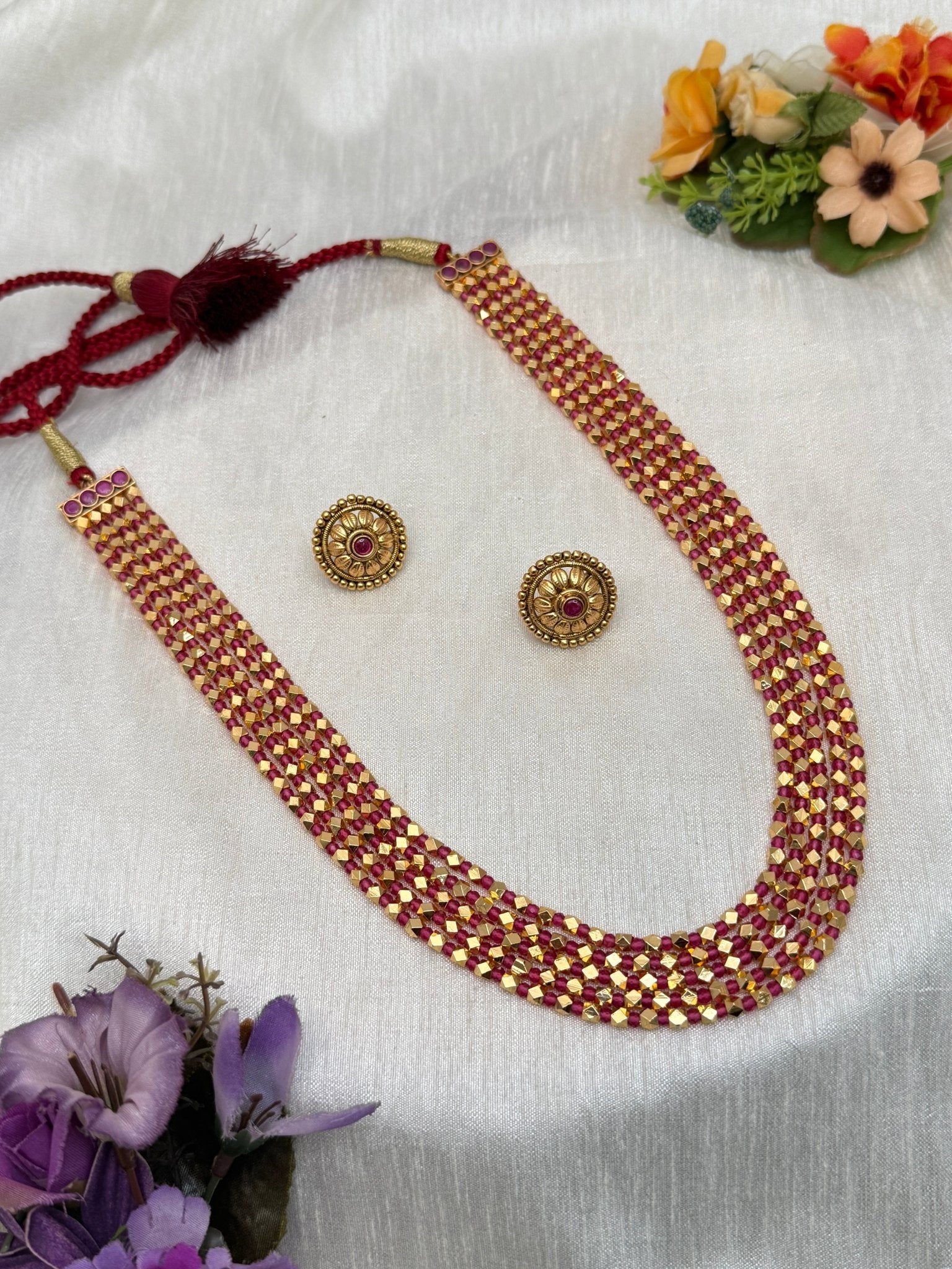 5 Layer Ruby Pink Antique Necklace Set 551 - Mahilas