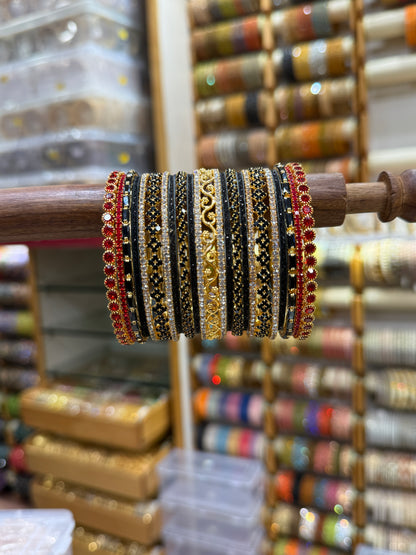 Luxurious Rich Black & Red Metal & Stone Bangle Set - 5336