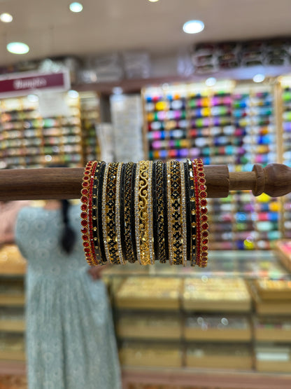 Luxurious Rich Black & Red Metal & Stone Bangle Set - 5336