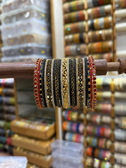 Luxurious Rich Black & Red Metal & Stone Bangle Set - 5336