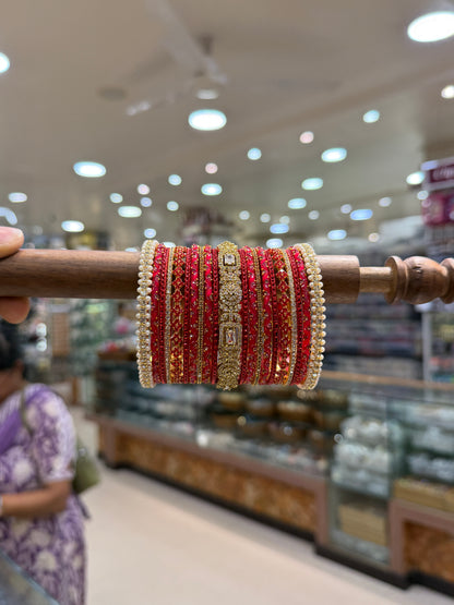 Luxurious Strawberry Red & Gold Glass and Stone Bangle Set - 5331