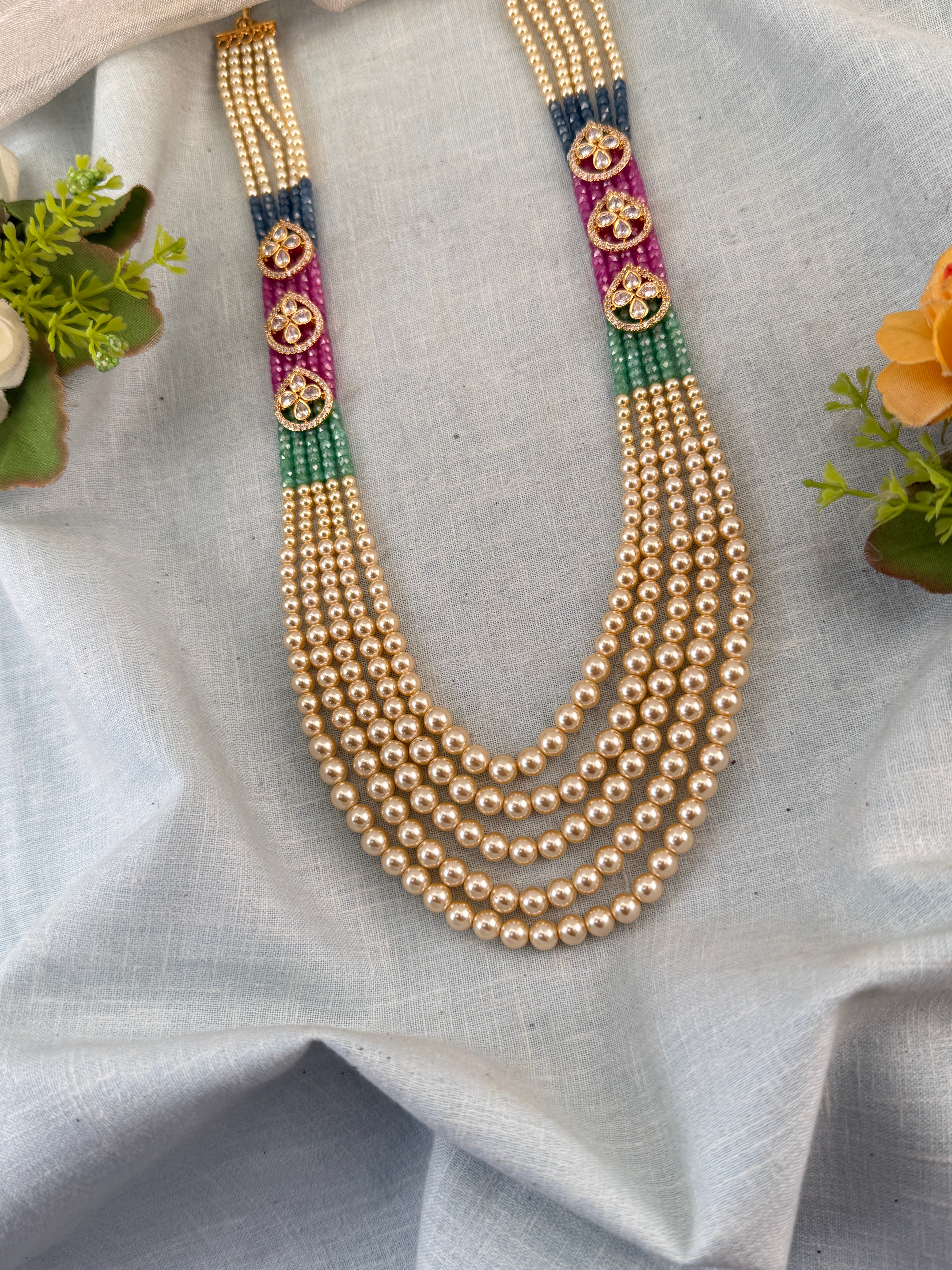 Luxurious Layer Pearl Stone Long Necklace Set 846