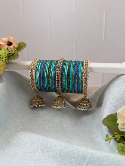 Luxurious Peacock Blue Polki and Stone Bridal Bangle Set - 5324