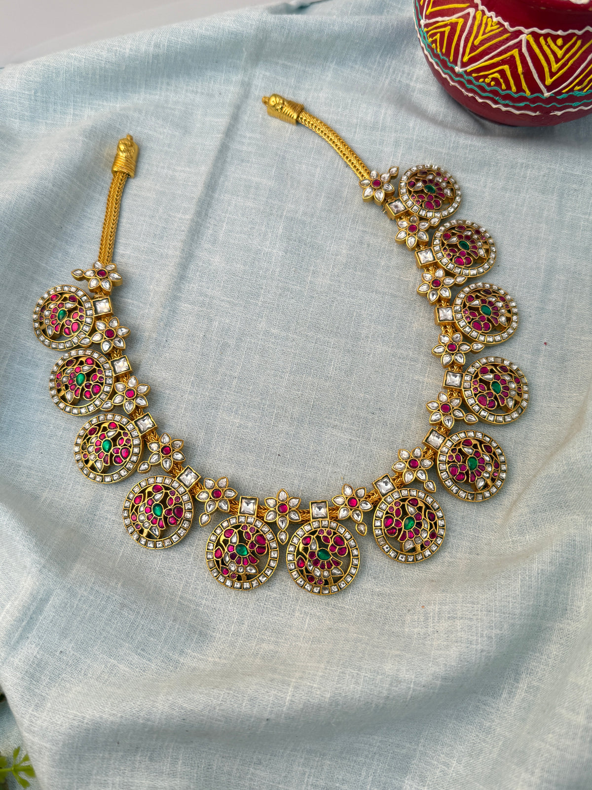 Jadau Kundan Bottumala Necklace Short Premium Set N0409