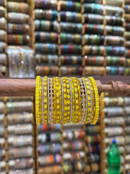 Luxurious Lemon Yellow Leaf Design Glass & Stone Bangle Set - 5321