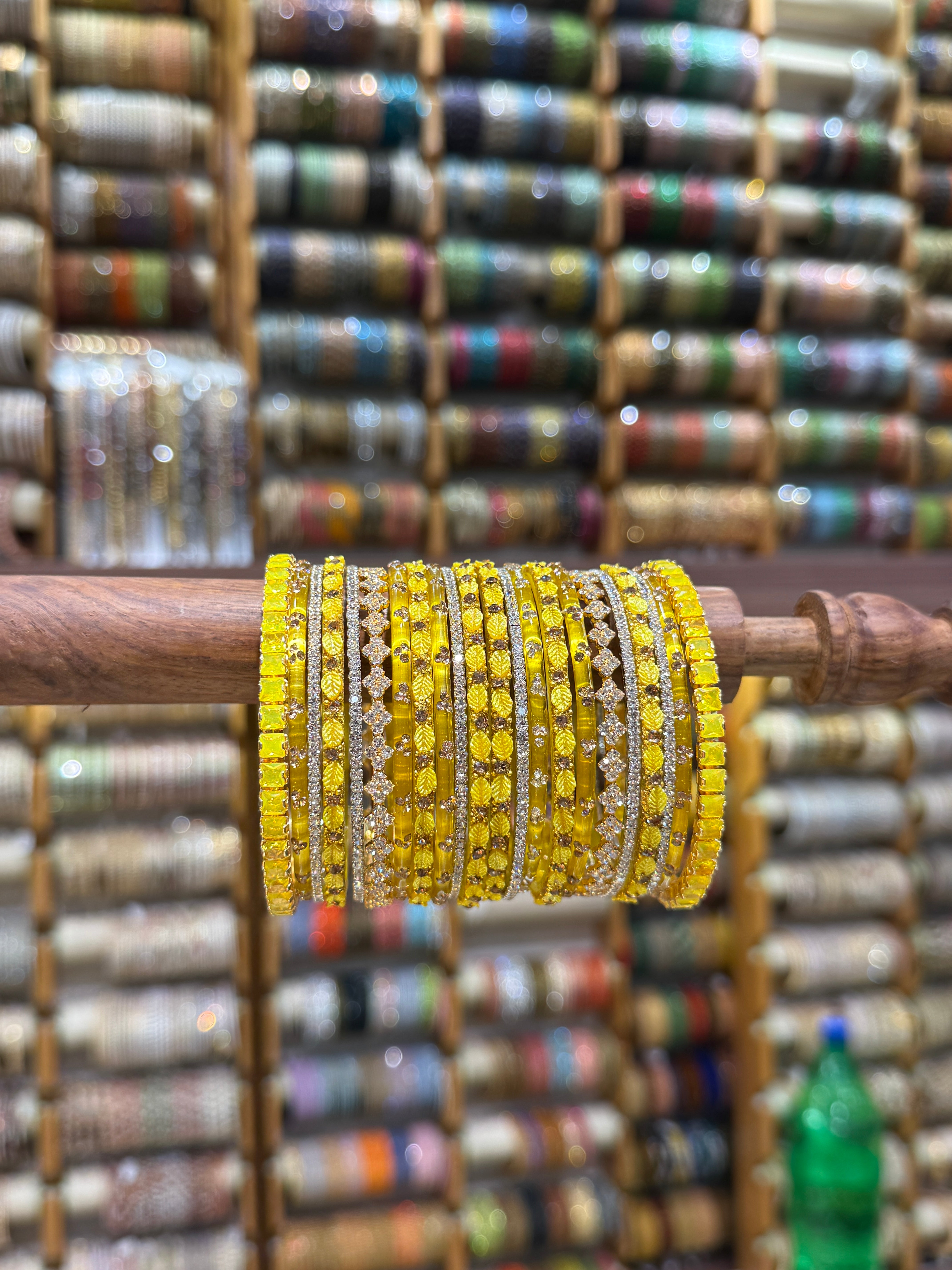 Luxurious Lemon Yellow Leaf Design Glass & Stone Bangle Set - 5321