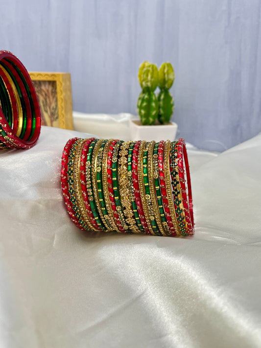 Red and Green Designer Glass & Stone Bangle Set 5057 - Mahilas