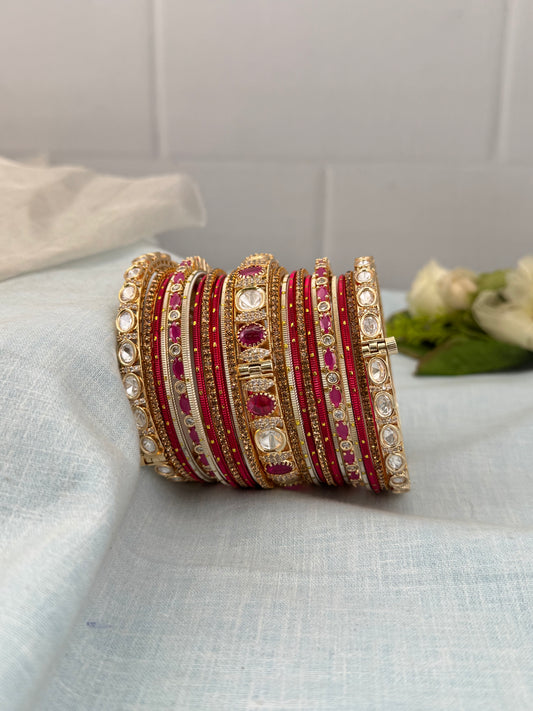 Luxurious Rani Pink & Gold Kundan Bangle Set - 5220