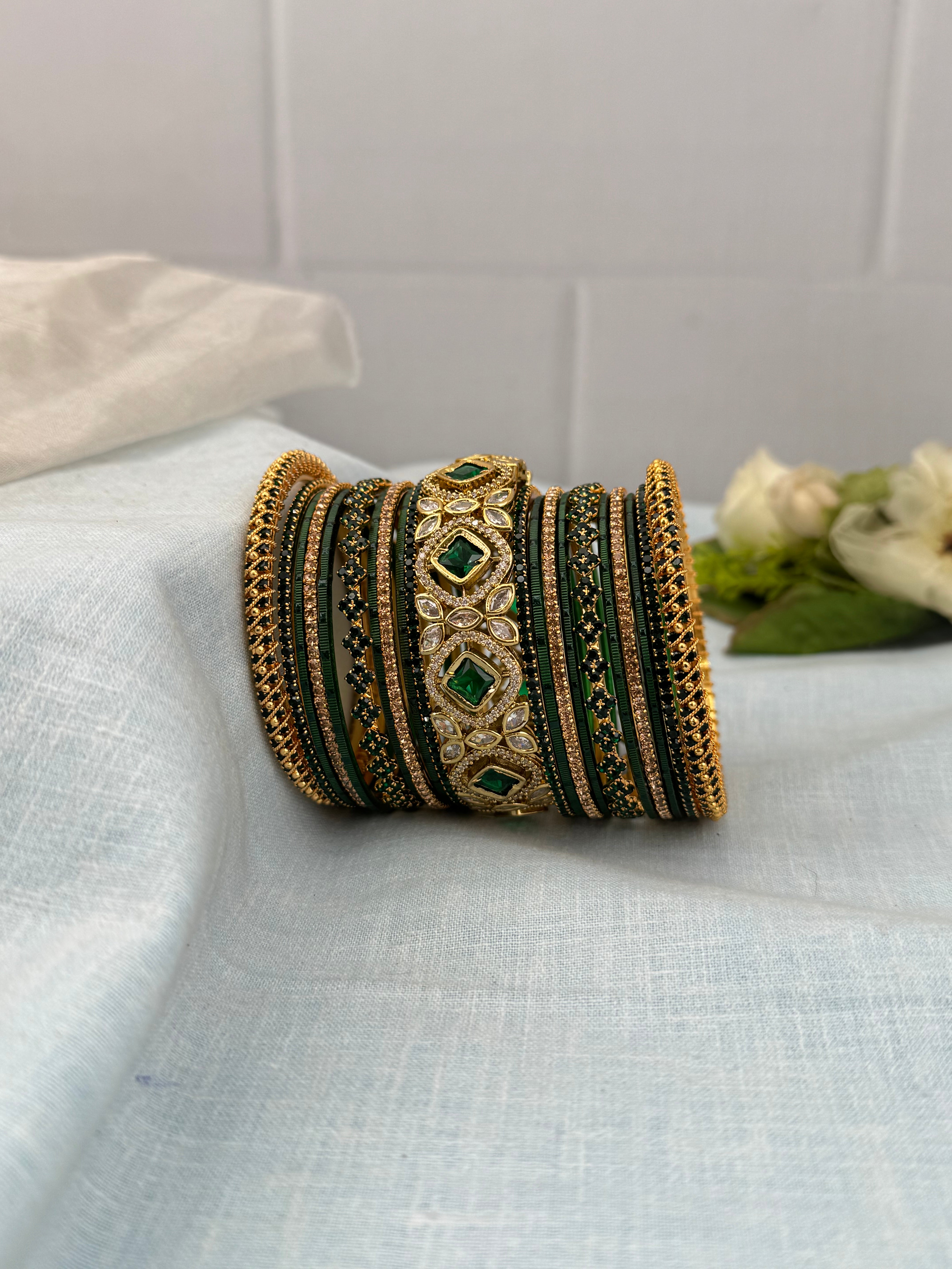 Designer Bottle Green Victorian & Stone Bangle Set - 5222