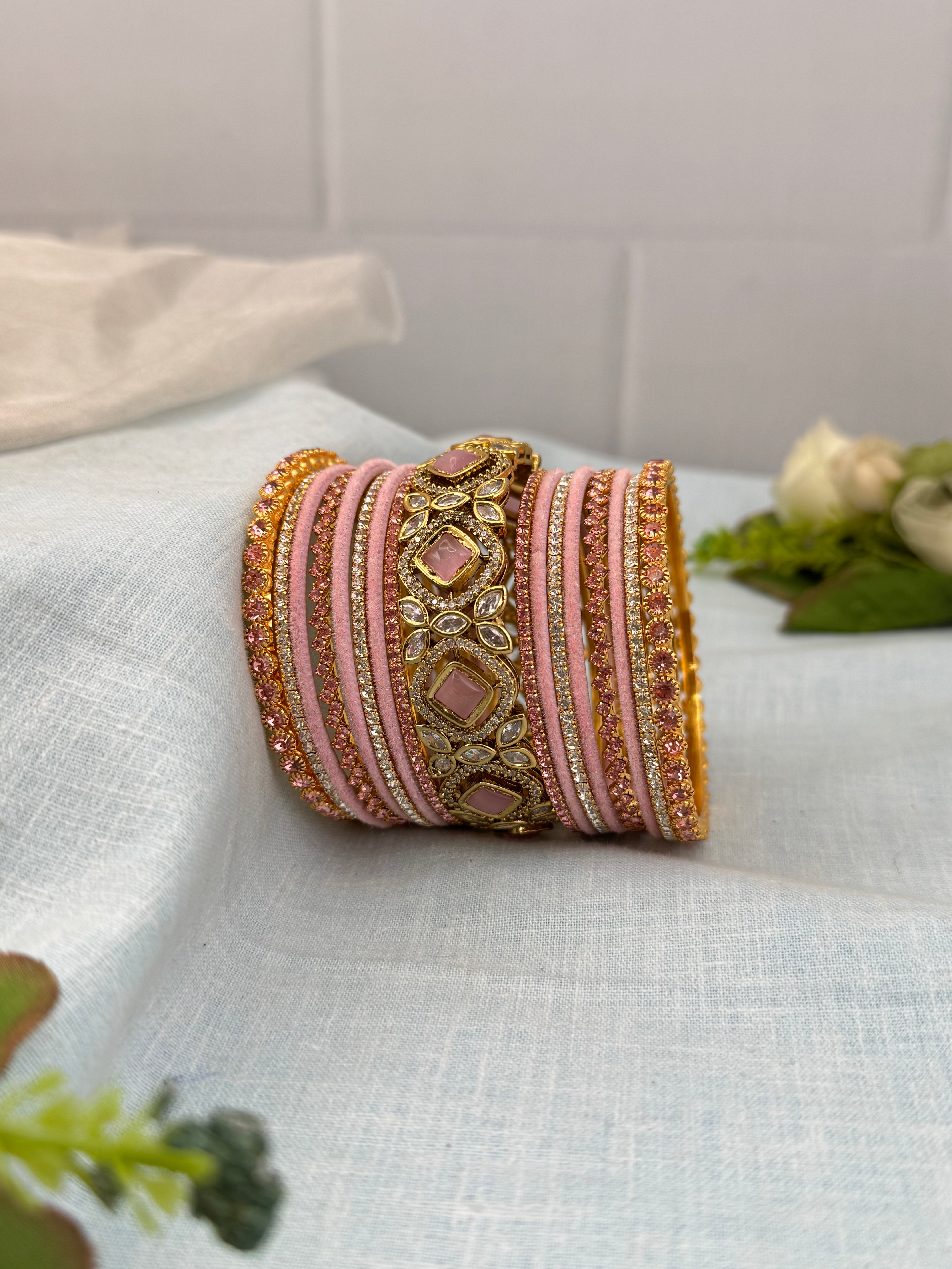 Designer Pink Victorian & Stone Bangle Set - 5223
