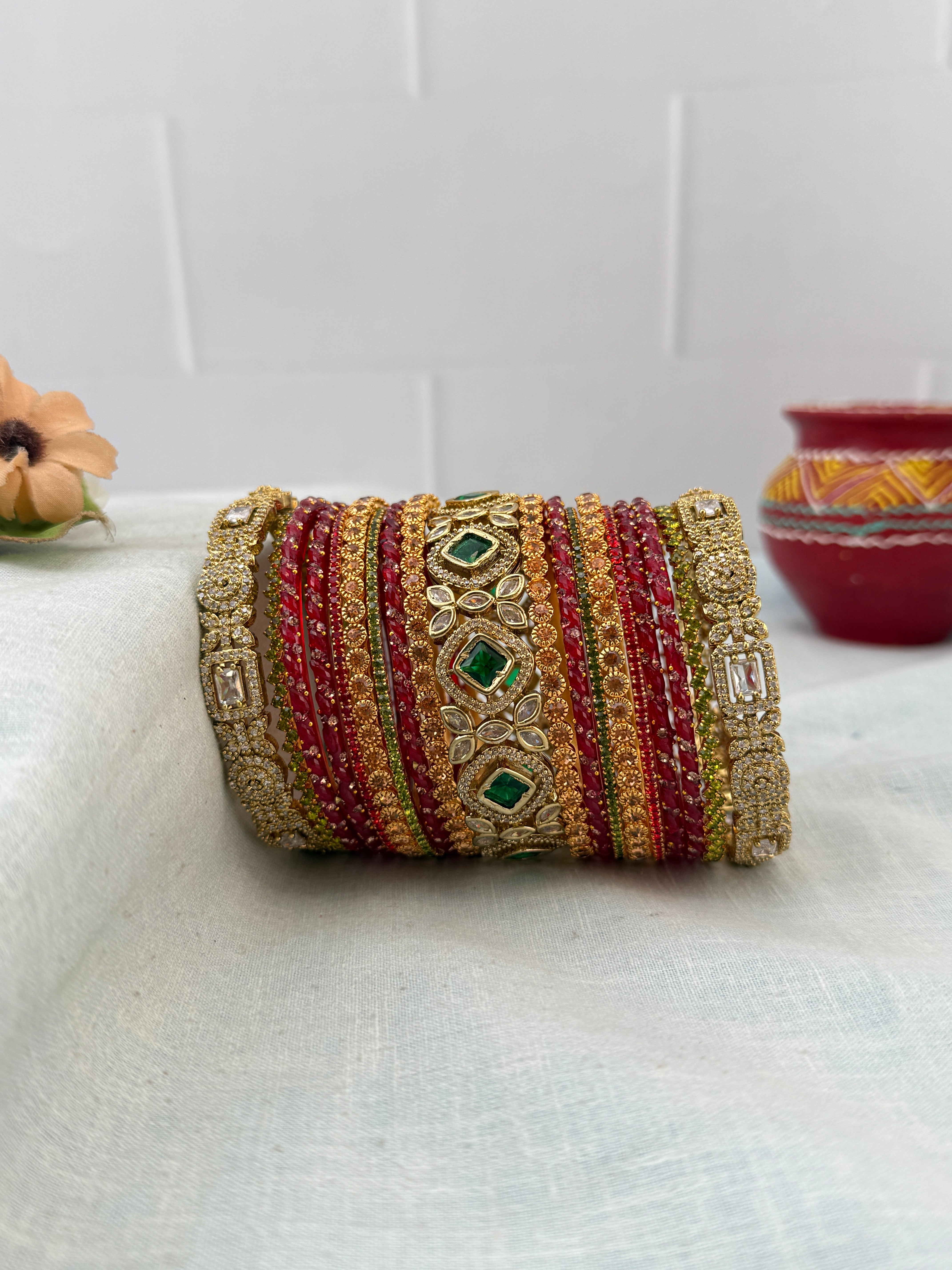 Luxurious Red Glass and Victorian Stone Bridal Bangle Set - 5323