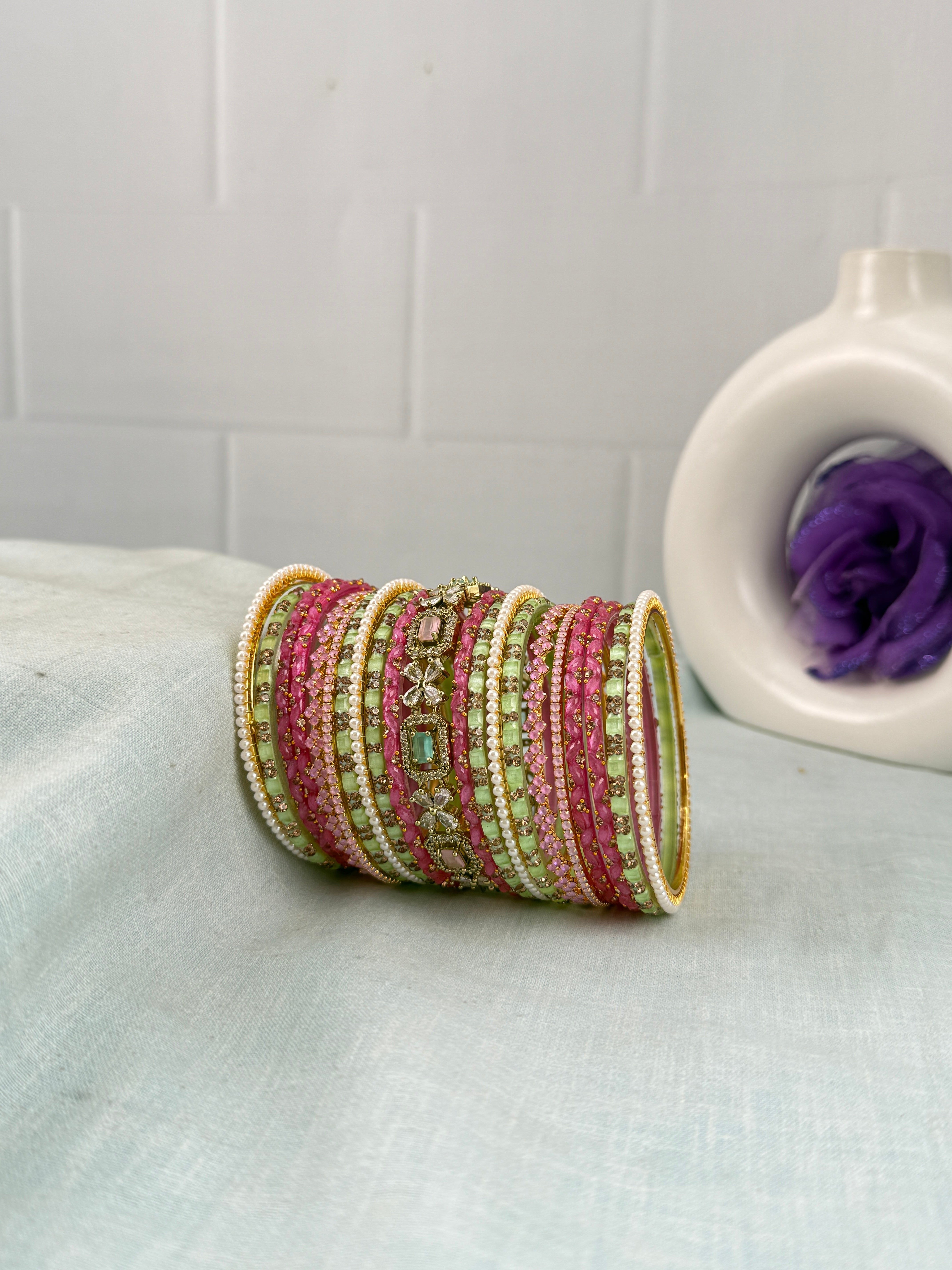 Luxurious Matcha & Strawberry Glass & Victorian Stone Bangle Set - 5335